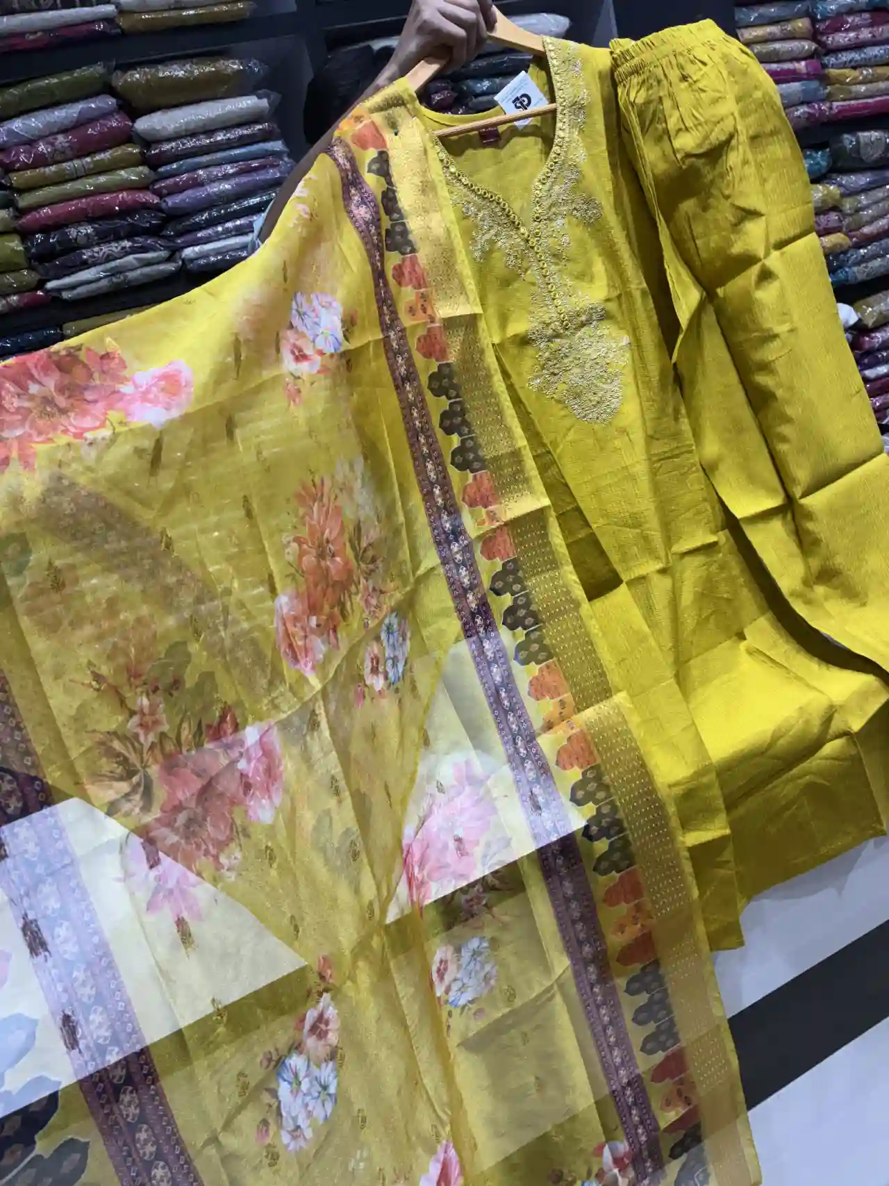 3-Piece Zari Work Straight Suit in Yellow