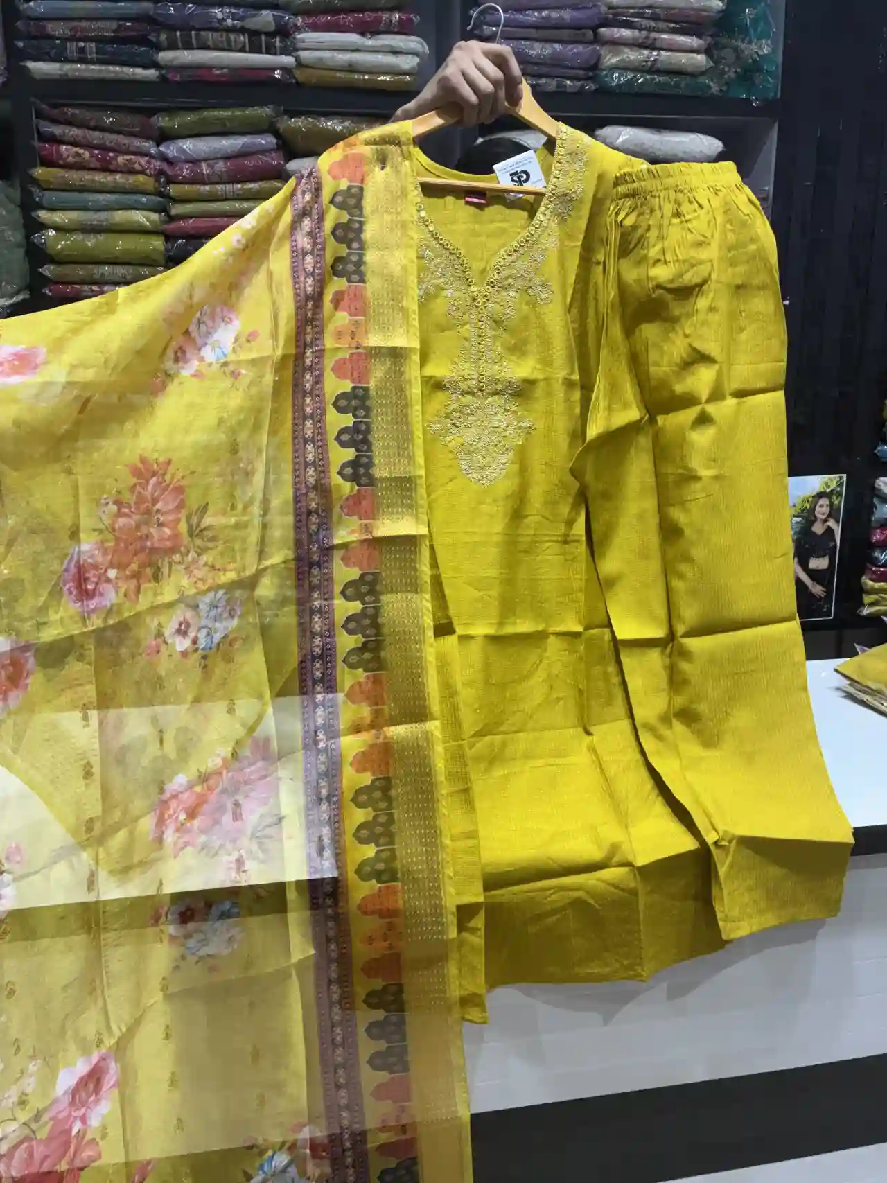 3-Piece Zari Work Straight Suit in Yellow