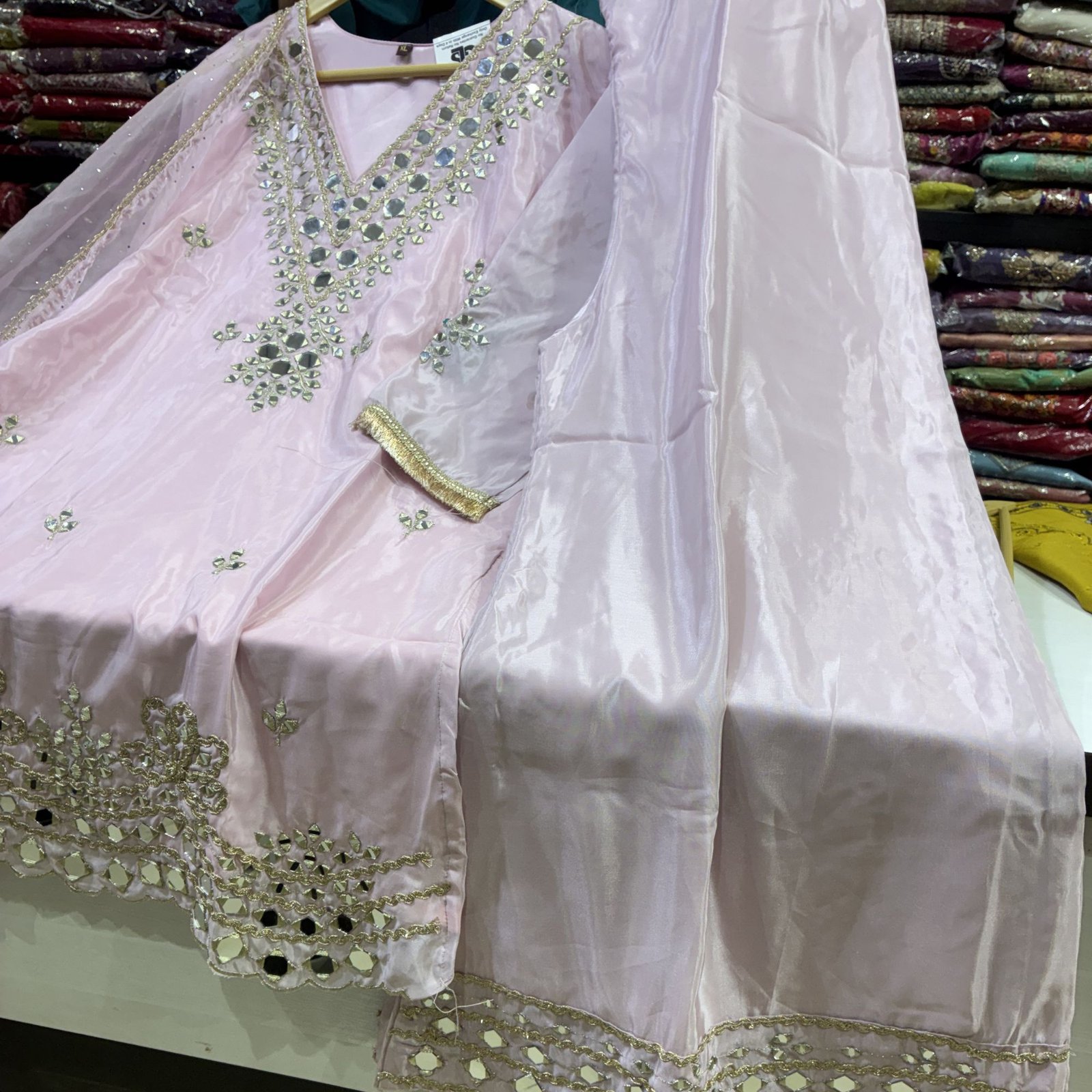Premium Baby Pink Mirror Work Suit Set with Net Dupatta