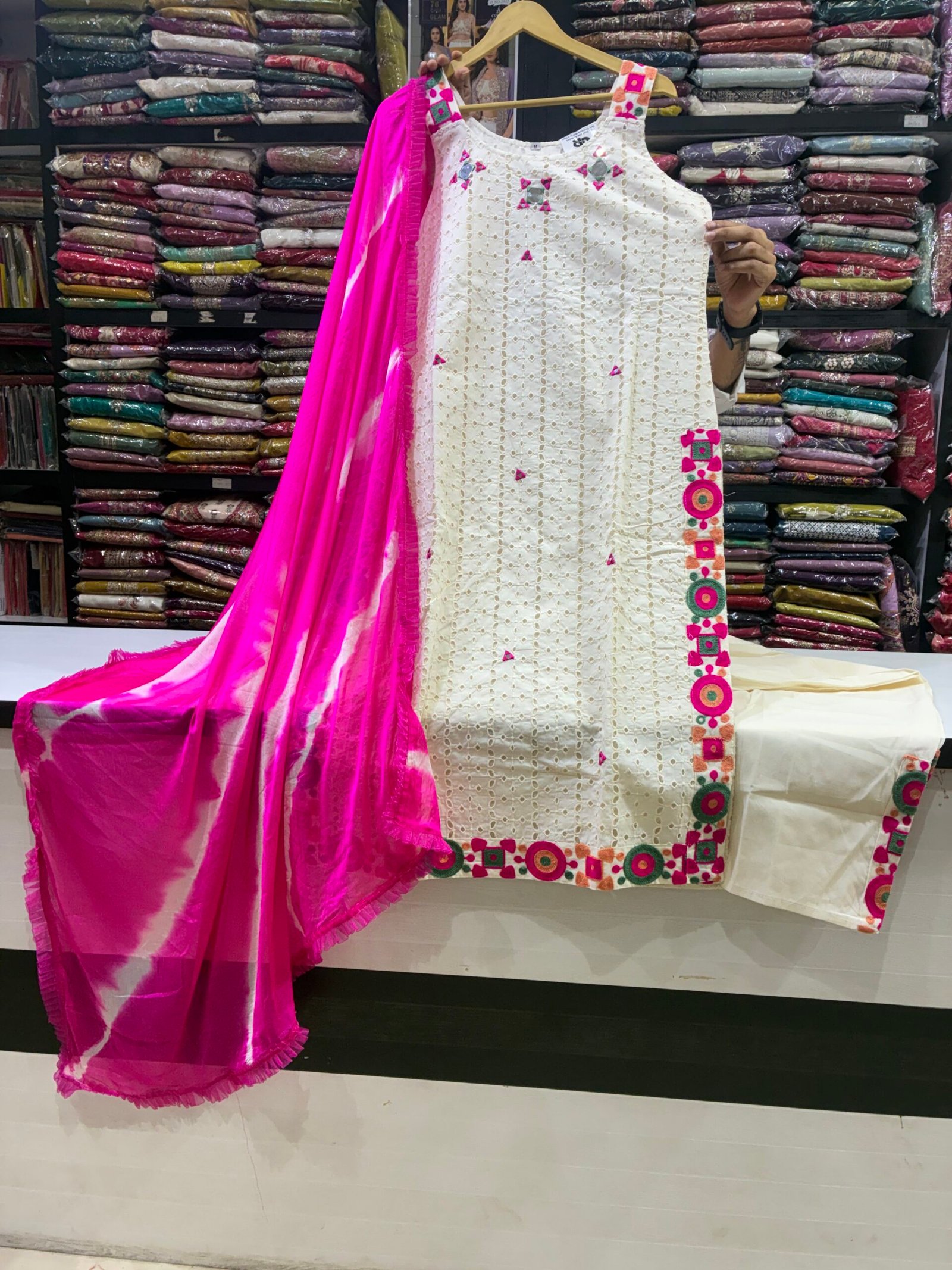 Premium White & Pink Fancy Straight Suit