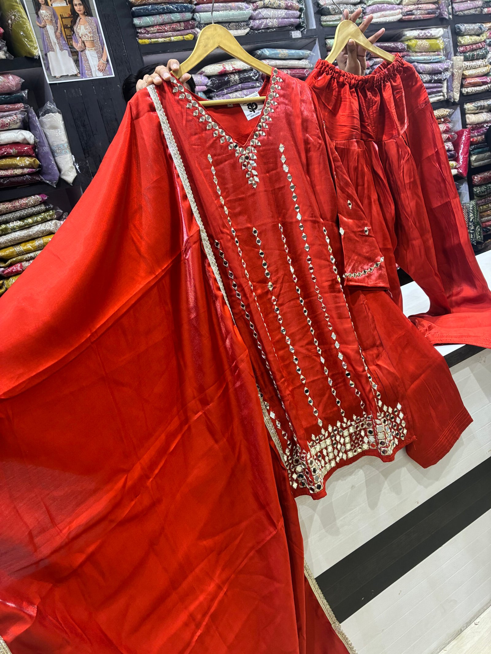 Elegant glass silk fabric Orange Indo Western