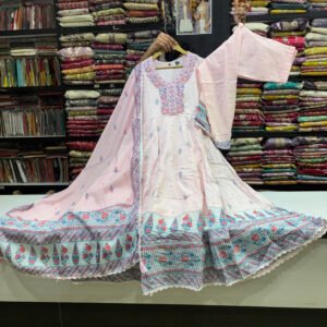 Premium Cotton White Anarkali with Peach Border & Dupatta