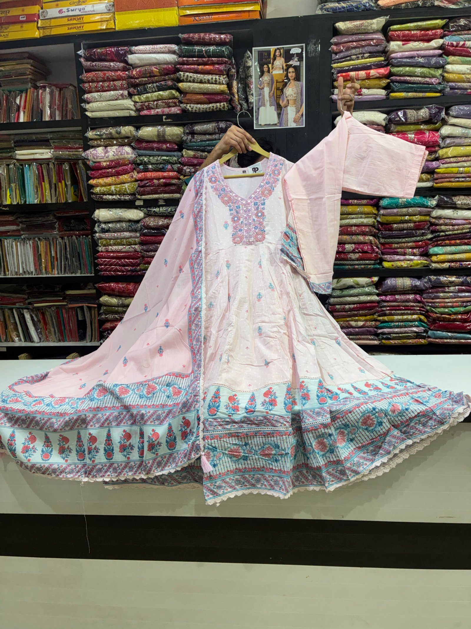 Premium Cotton White Anarkali with Peach Border & Dupatta