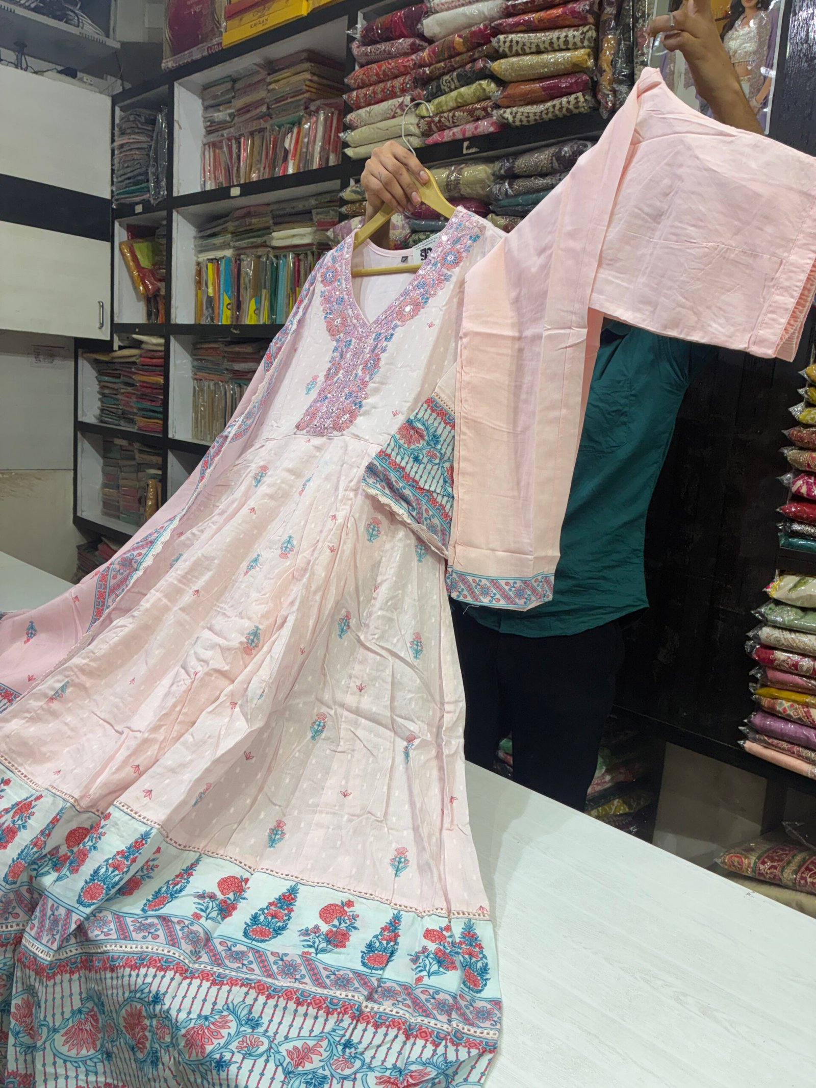 Premium Cotton White Anarkali with Peach Border & Dupatta