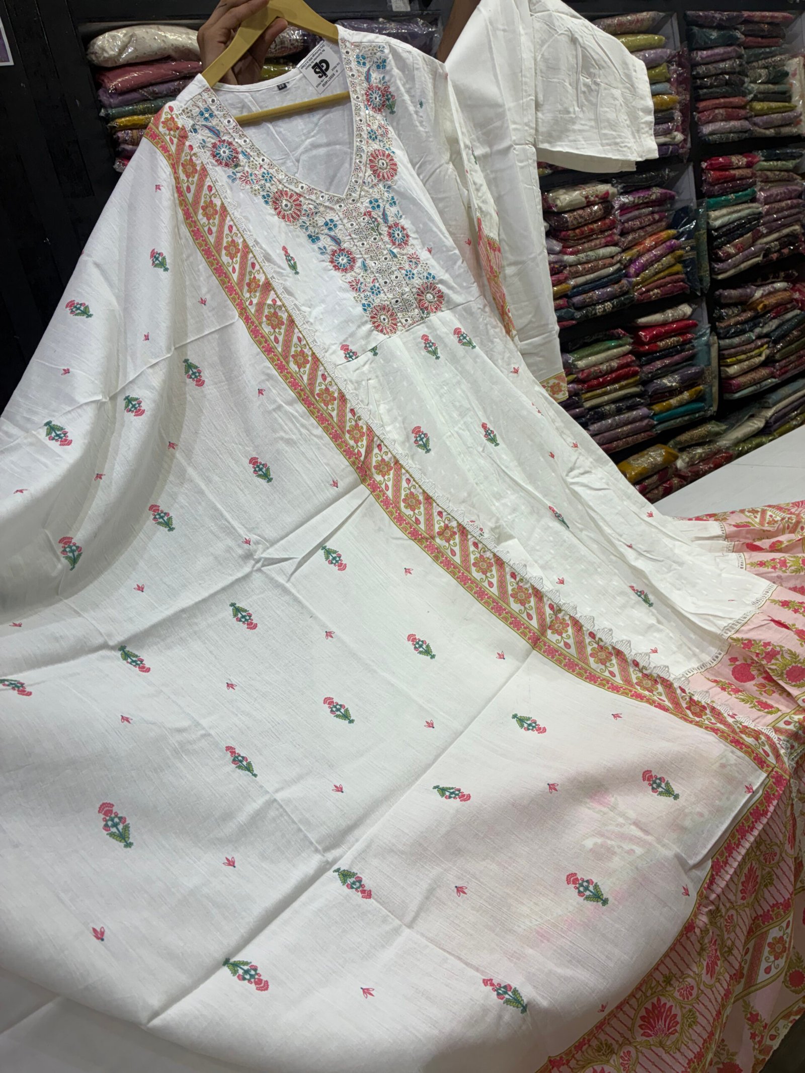 Premium Cotton White Anarkali with Peach Border & Dupatta