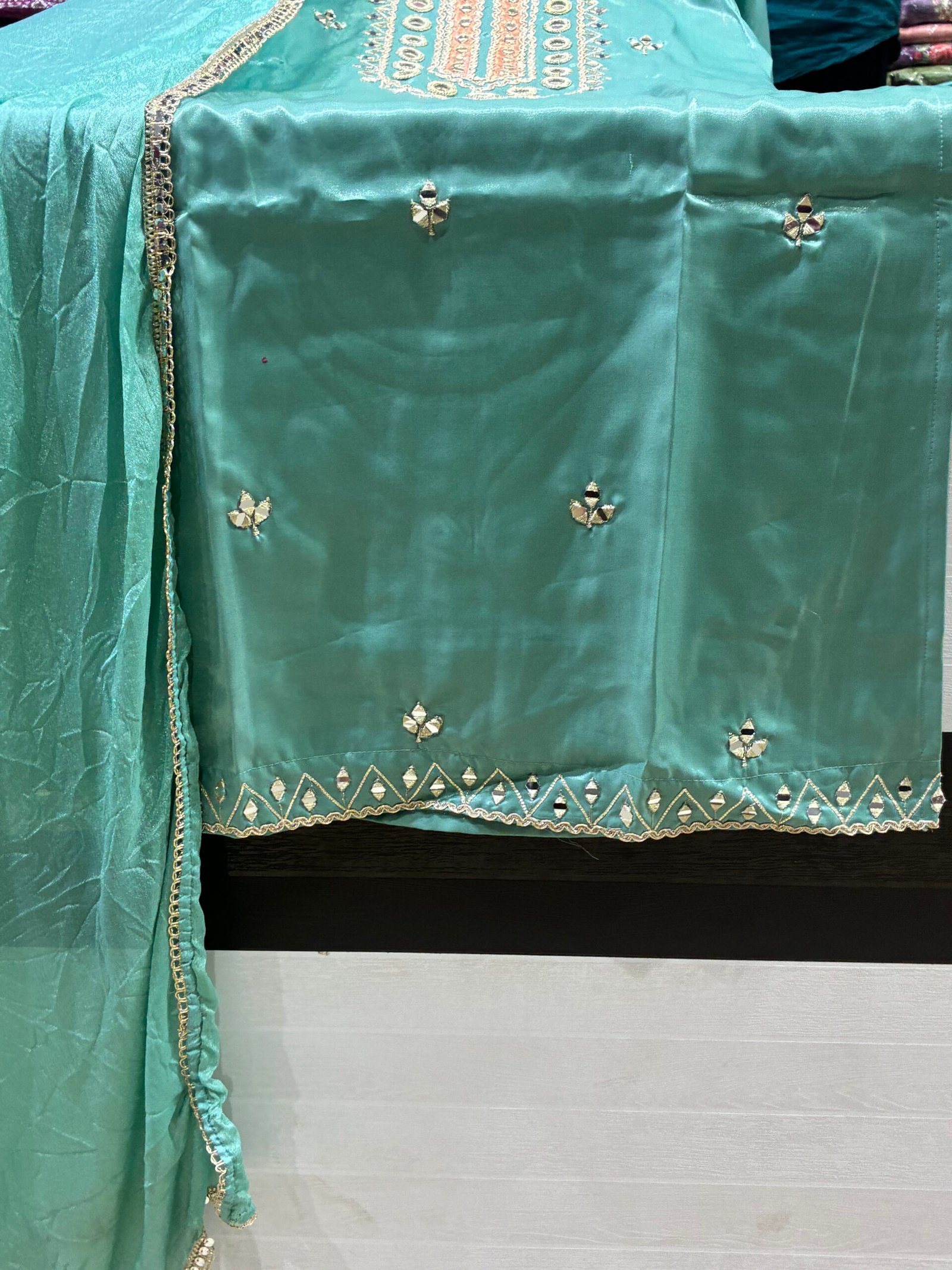 Premium Glass Silk Mirror Work Straight Suit ✨