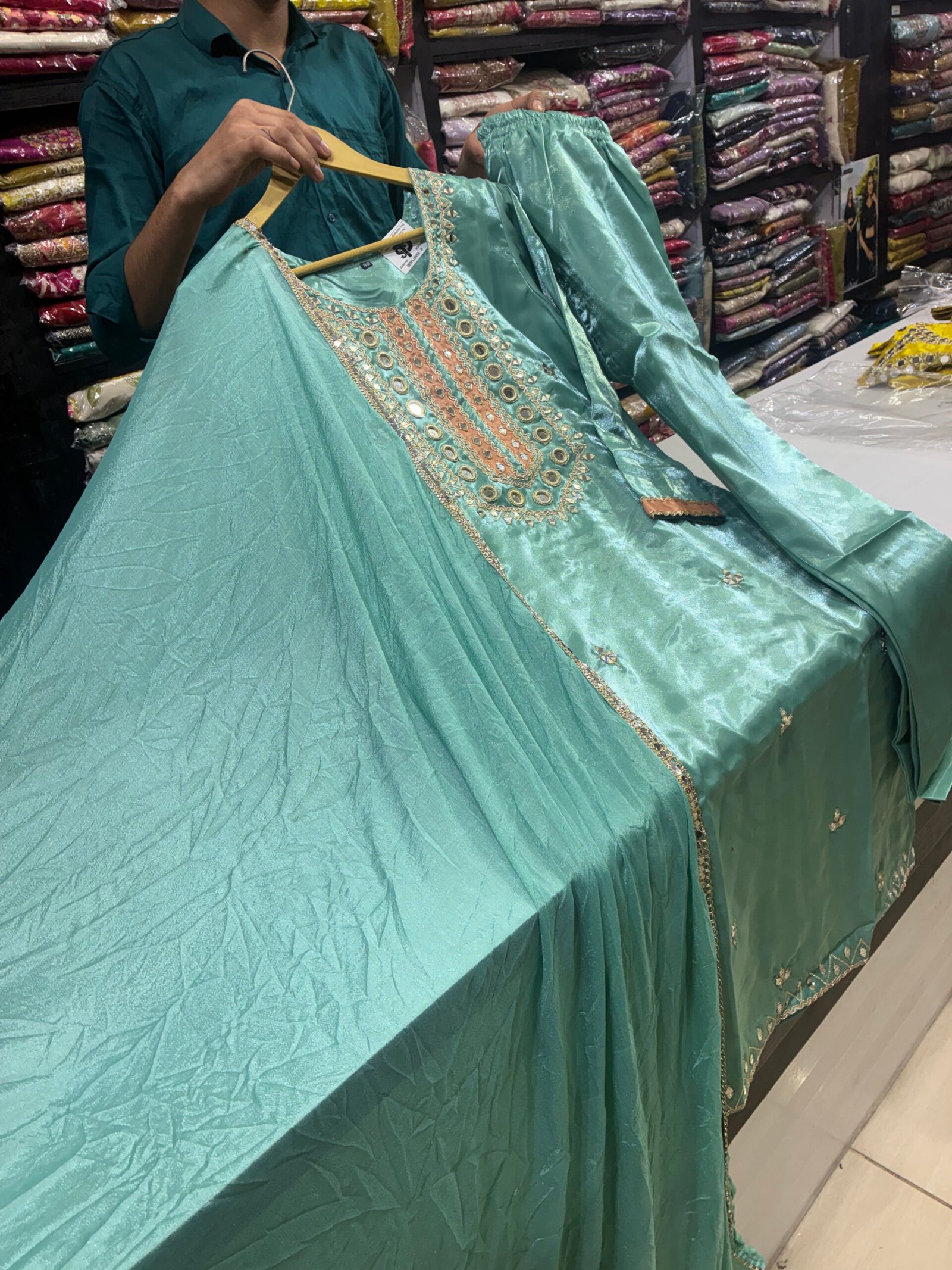 Premium Glass Silk Mirror Work Straight Suit ✨