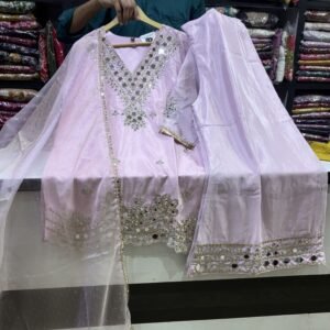 Premium Baby Pink Mirror Work Suit Set with Net Dupatta