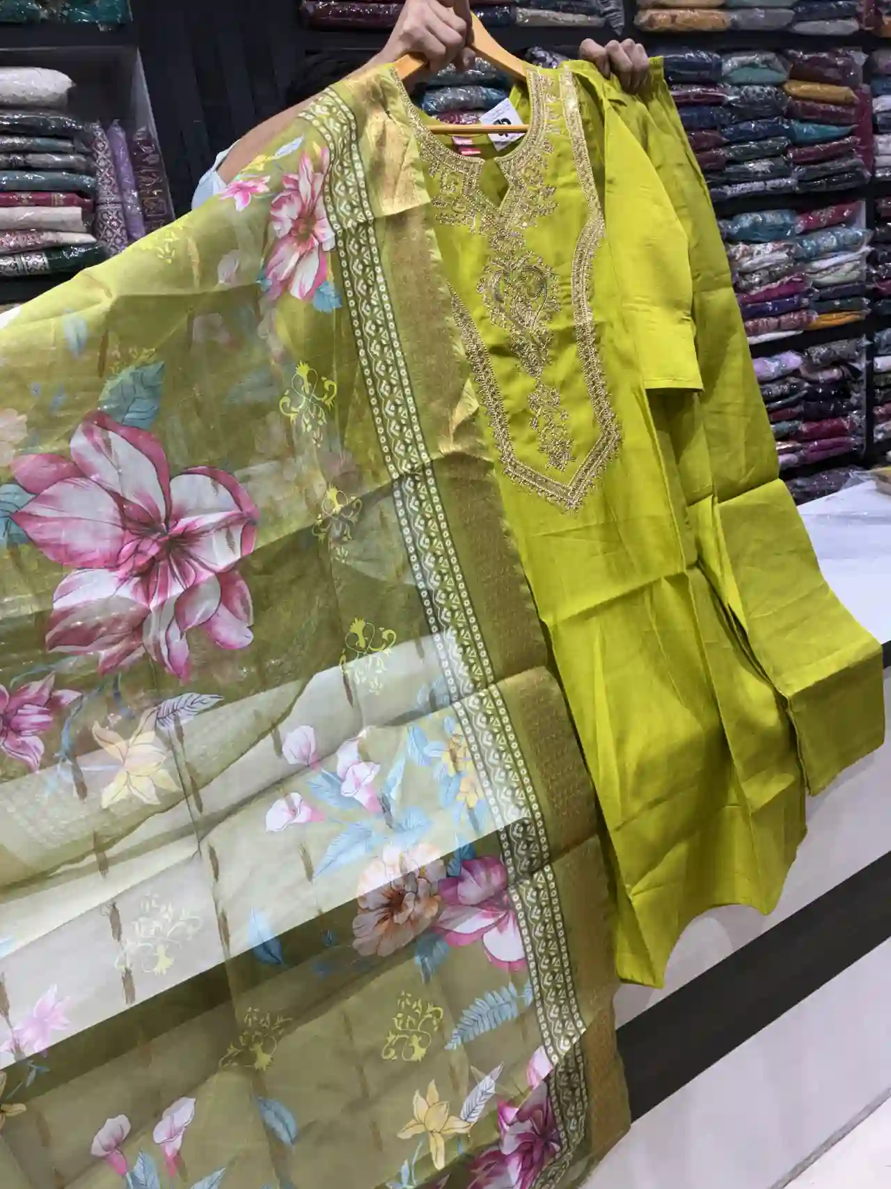 Zari-Work Parrot Green Festive Suit