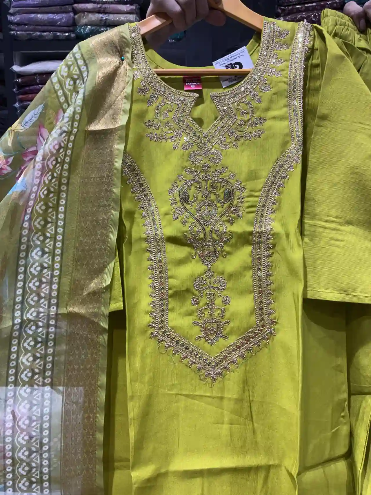 Zari-Work Parrot Green Festive Suit