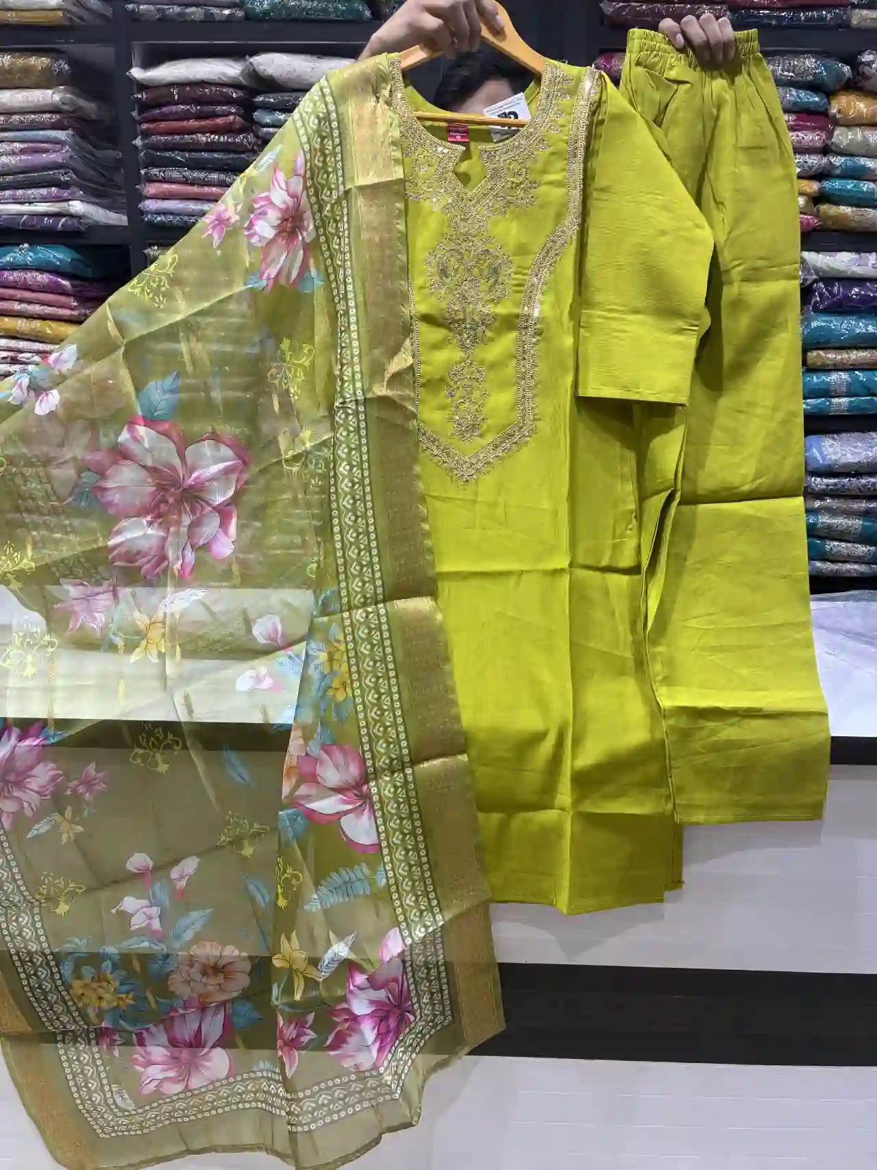 Zari-Work Parrot Green Festive Suit