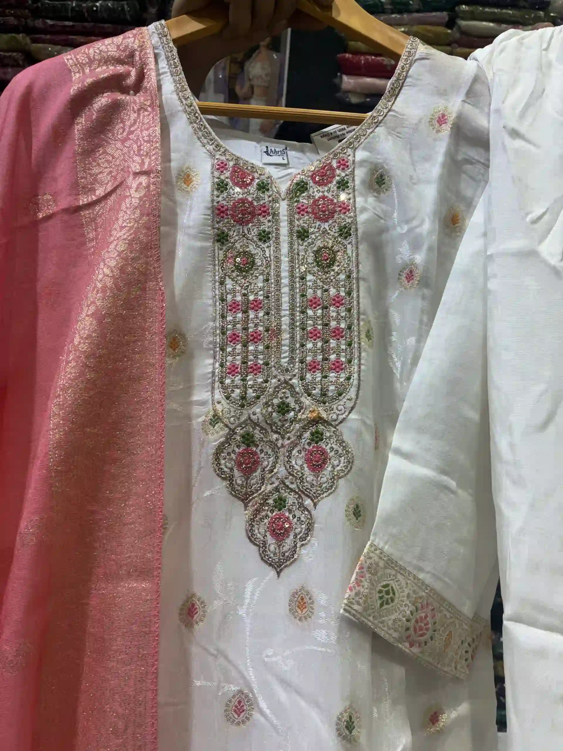 3-Piece Off-White Straight Kurta Set with Pink Weaved Organza Dupatta