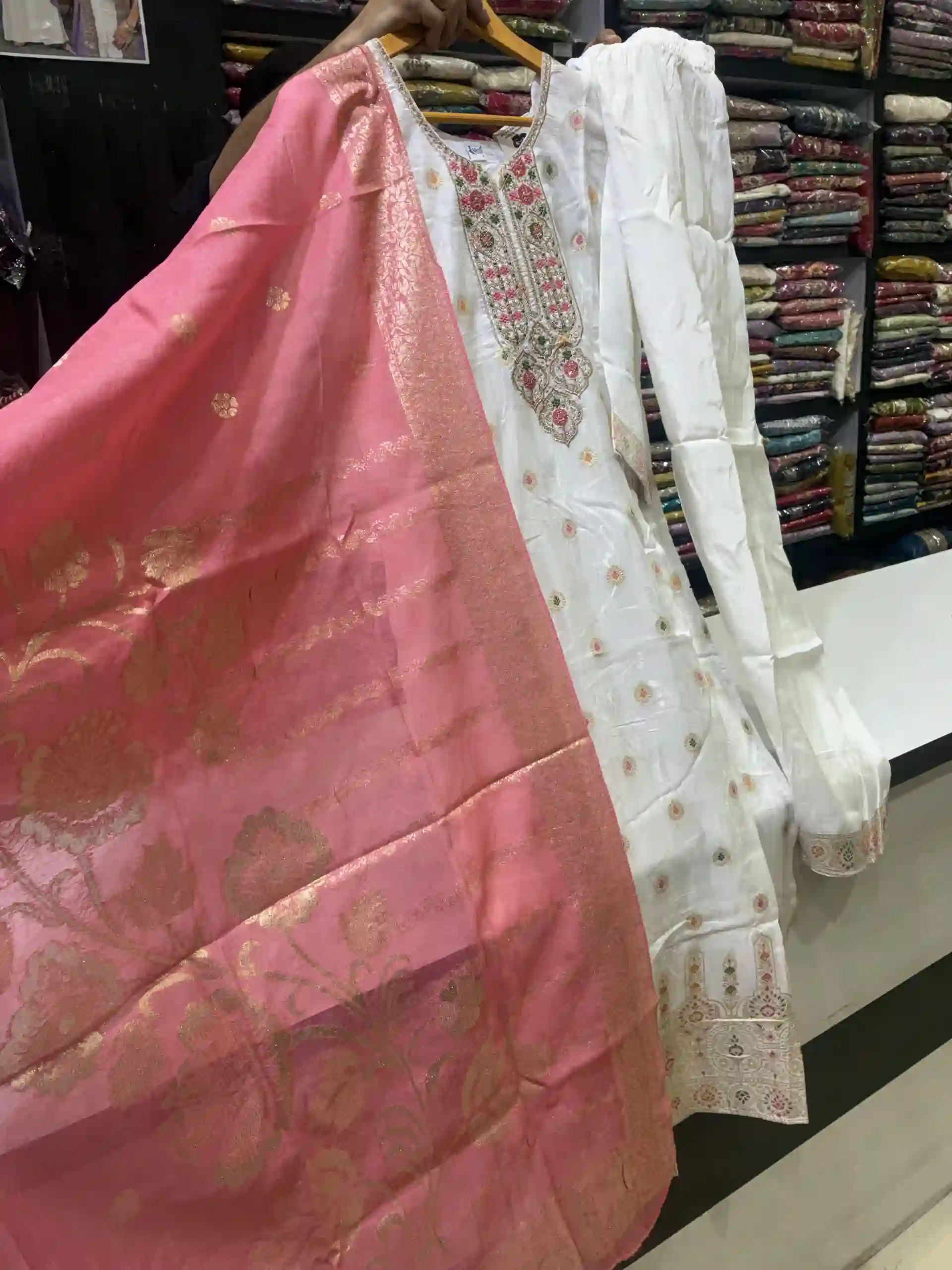 3-Piece Off-White Straight Kurta Set with Pink Weaved Organza Dupatta