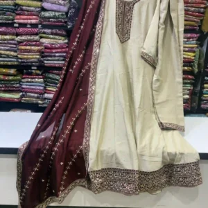 Antique Cream Long Kurta Set with Border Anarkali (3)