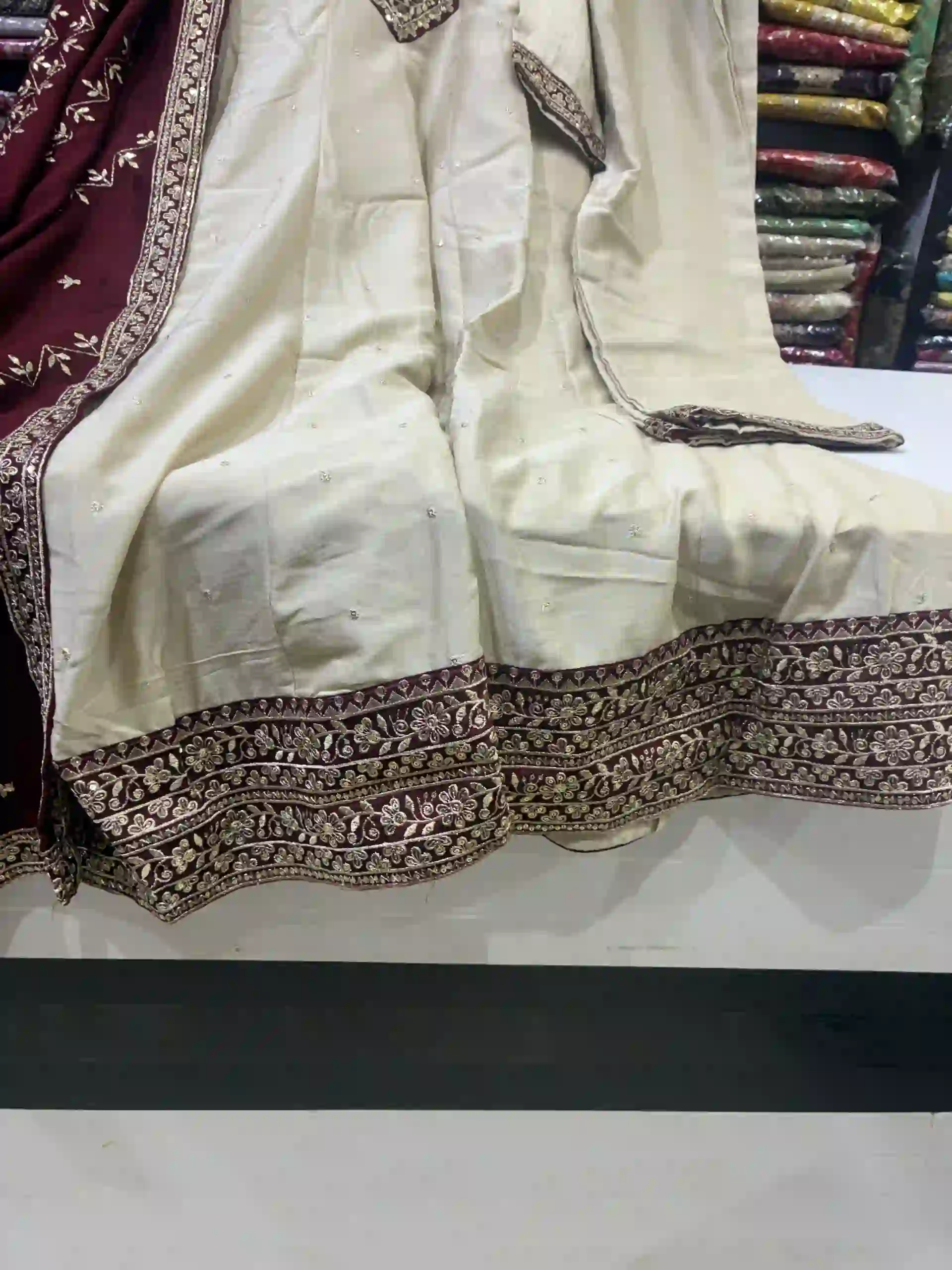 Antique Cream Long Kurta Set with Border Anarkali