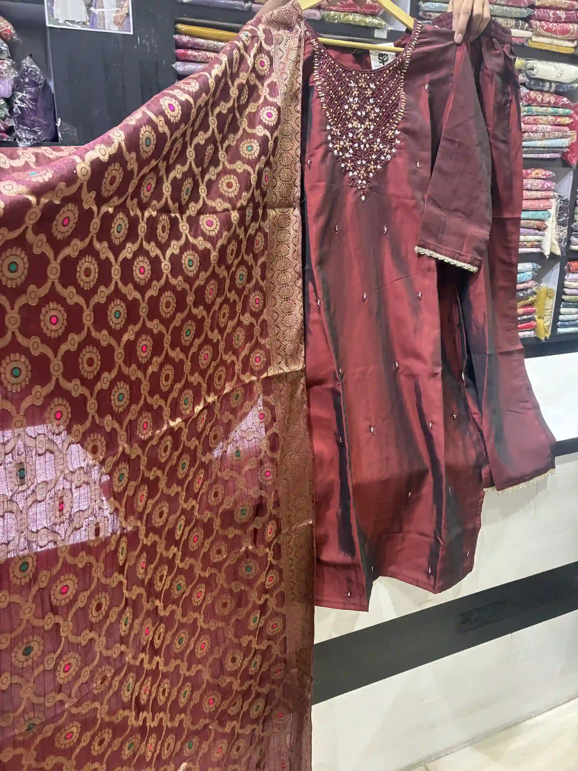Deep Maroon Embroidered Kurta Set with Banarasi Jacquard Dupatta