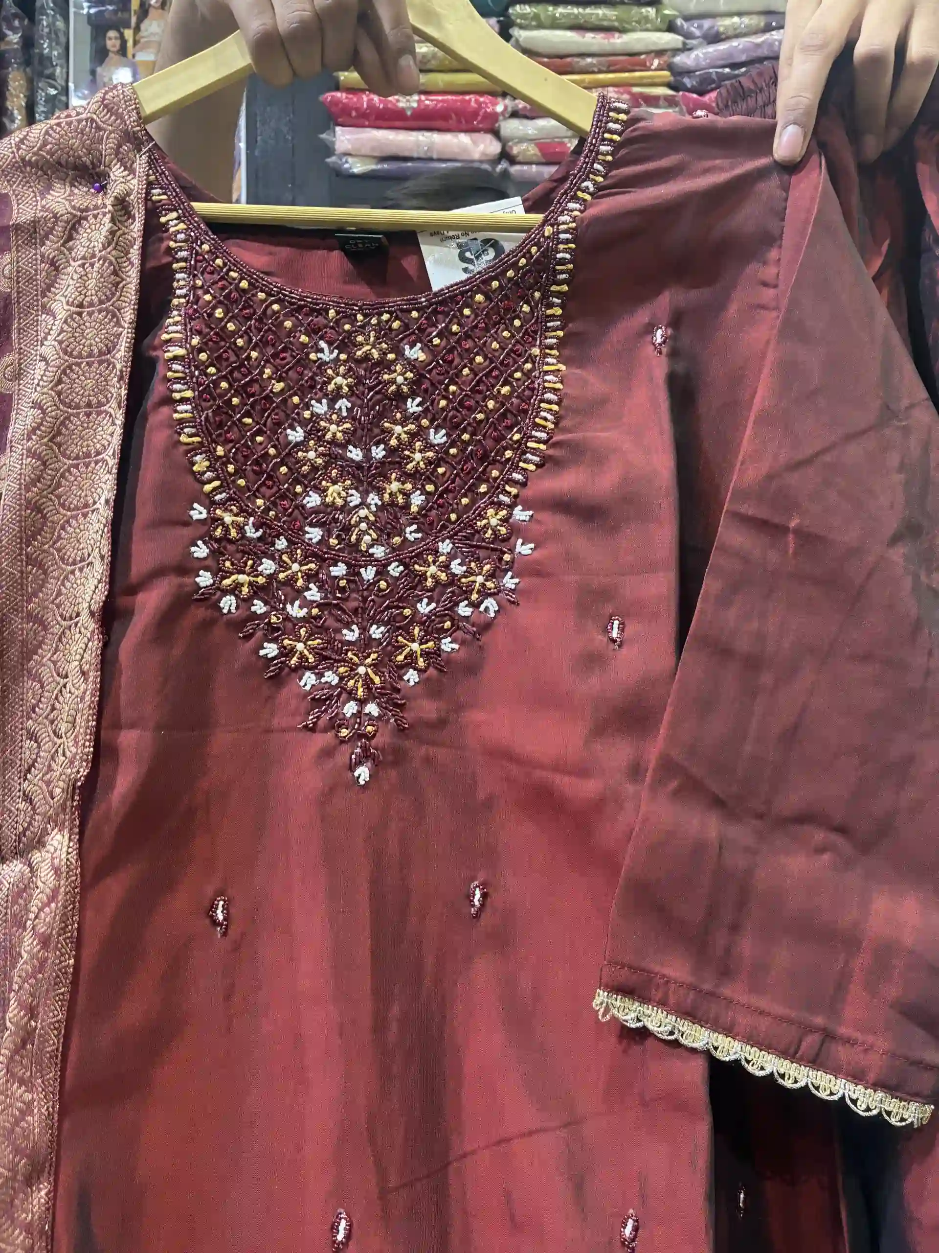 Deep Maroon Embroidered Kurta Set with Banarasi Jacquard Dupatta