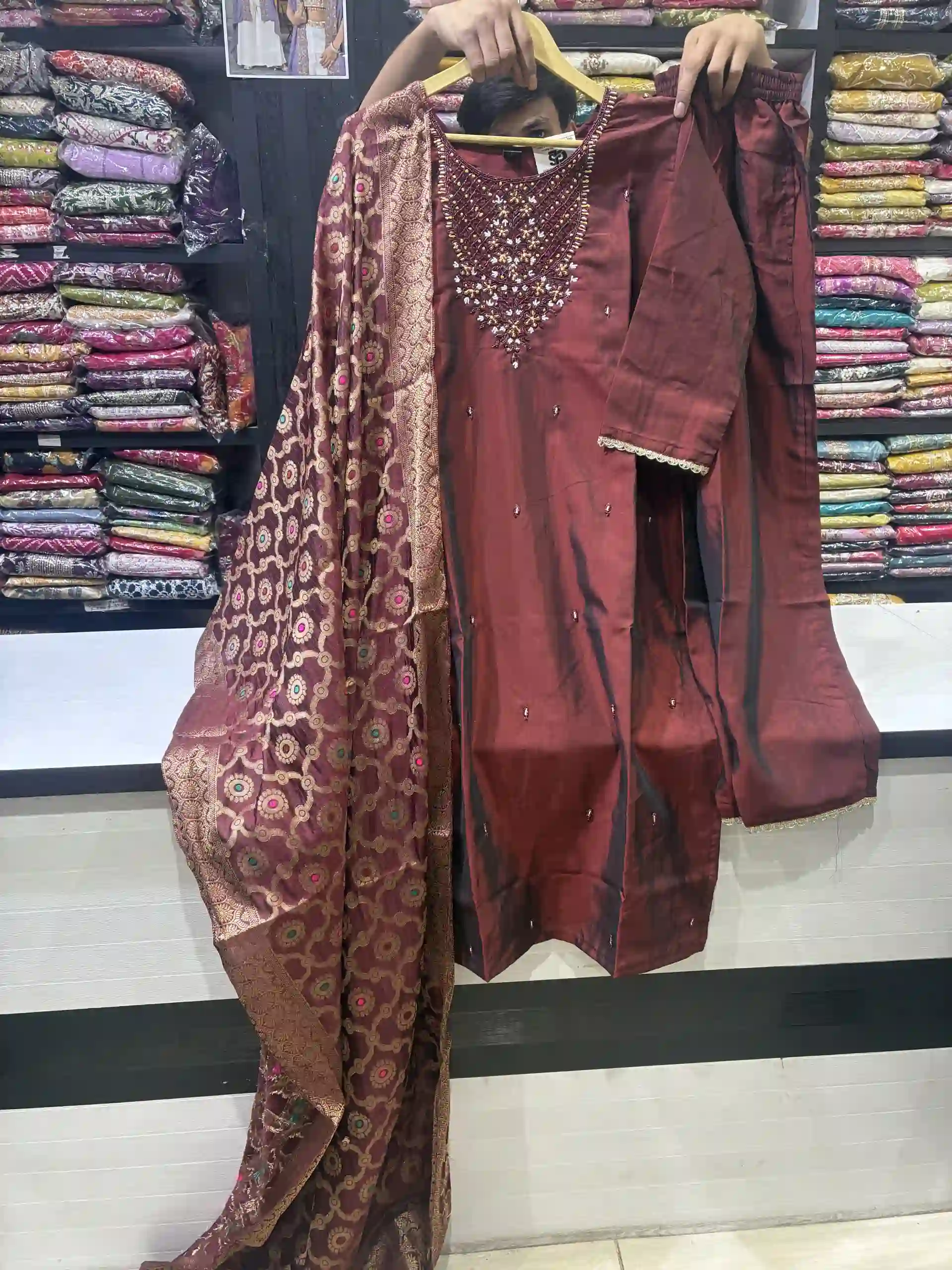 Deep Maroon Embroidered Kurta Set with Banarasi Jacquard Dupatta