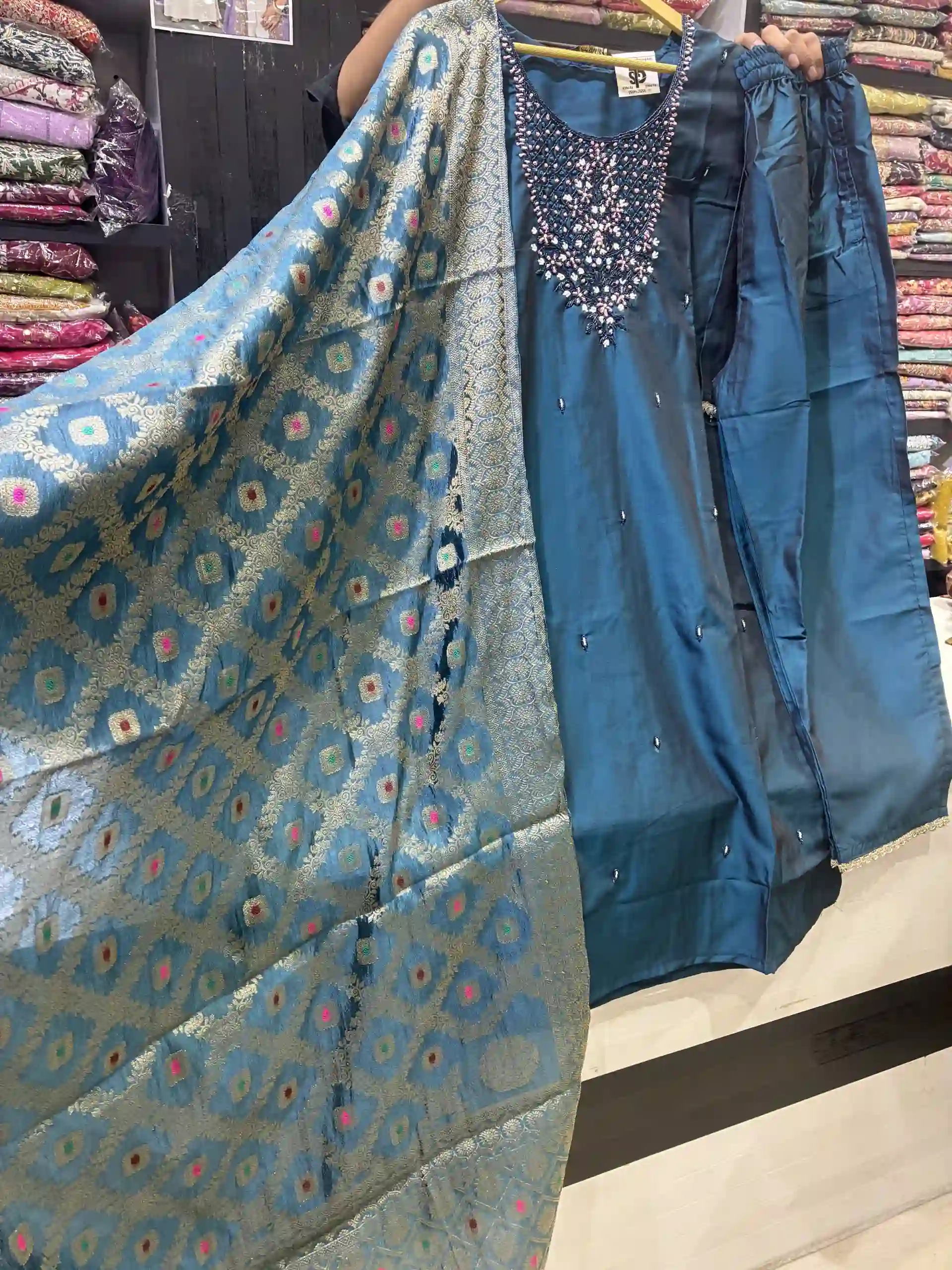 Deep Peacock Blue Silk Suit Set featuring Pink & White Pearl Beadwork