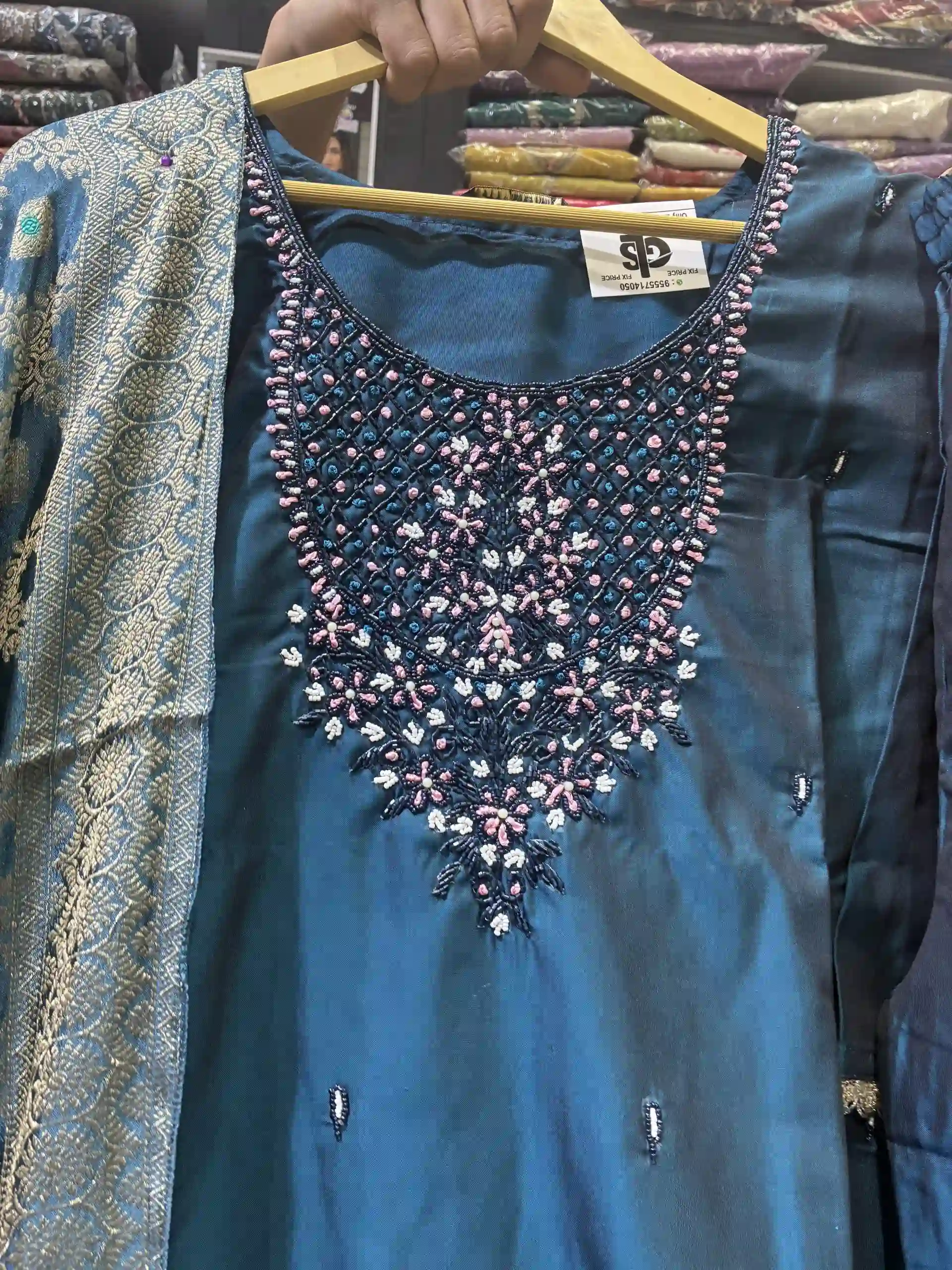 Deep Peacock Blue Silk Suit Set featuring Pink & White Pearl Beadwork