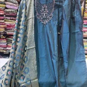 Deep Peacock Blue Silk Suit Set featuring Pink & White Pearl Beadwork