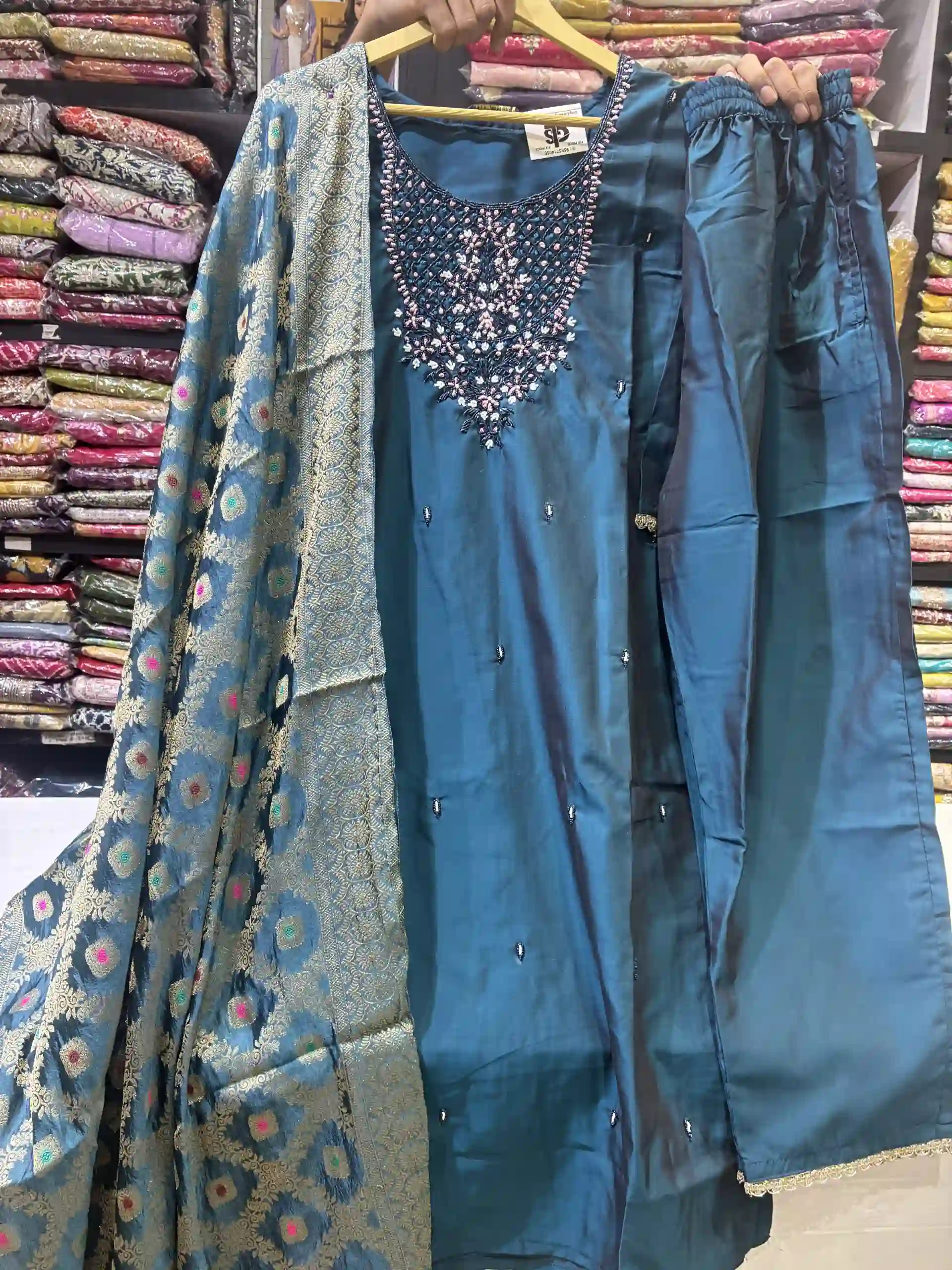 Deep Peacock Blue Silk Suit Set featuring Pink & White Pearl Beadwork