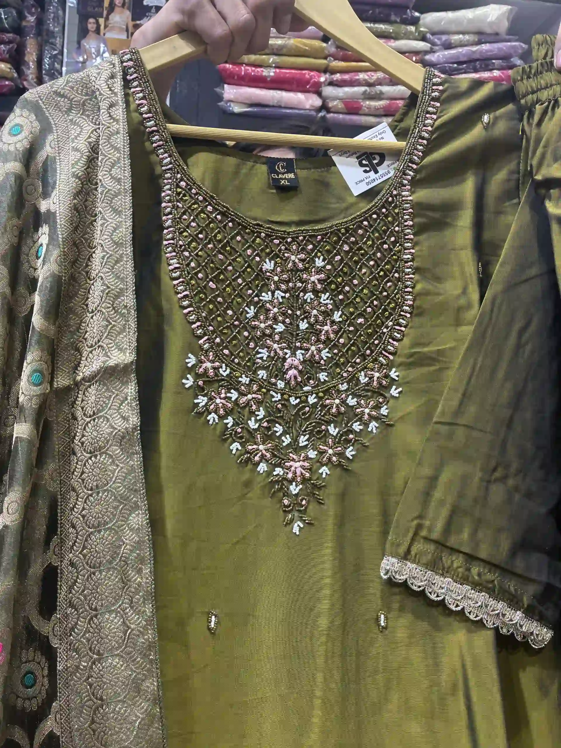 Embroidered Olive Green Silk Kurta Set with Banarasi Dupatta