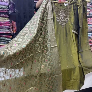 Embroidered Olive Green Silk Kurta Set with Banarasi Dupatta