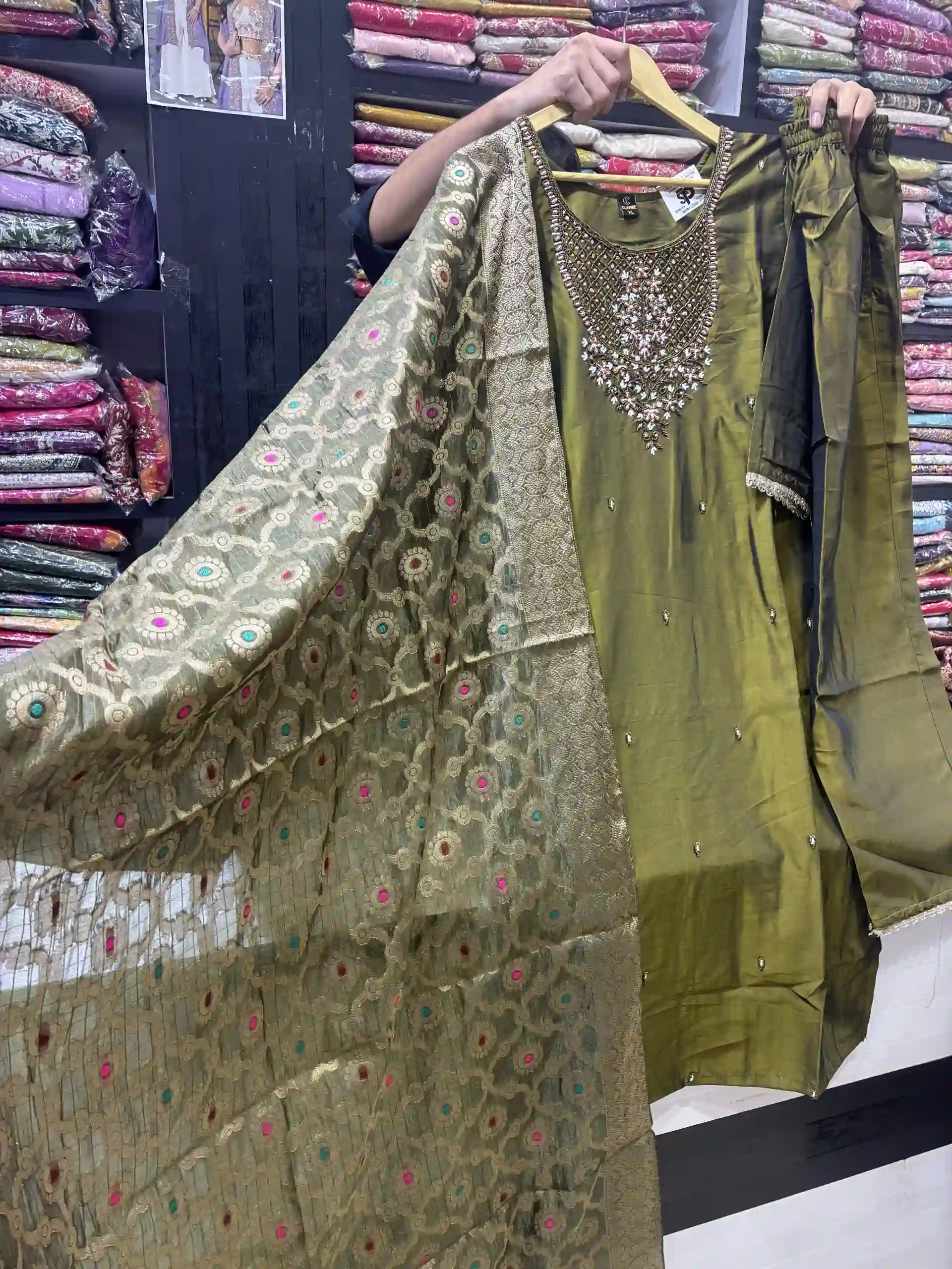 Embroidered Olive Green Silk Kurta Set with Banarasi Dupatta