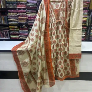 Floral Bloom Cotton Salwar Suite in Orange & Cream-1