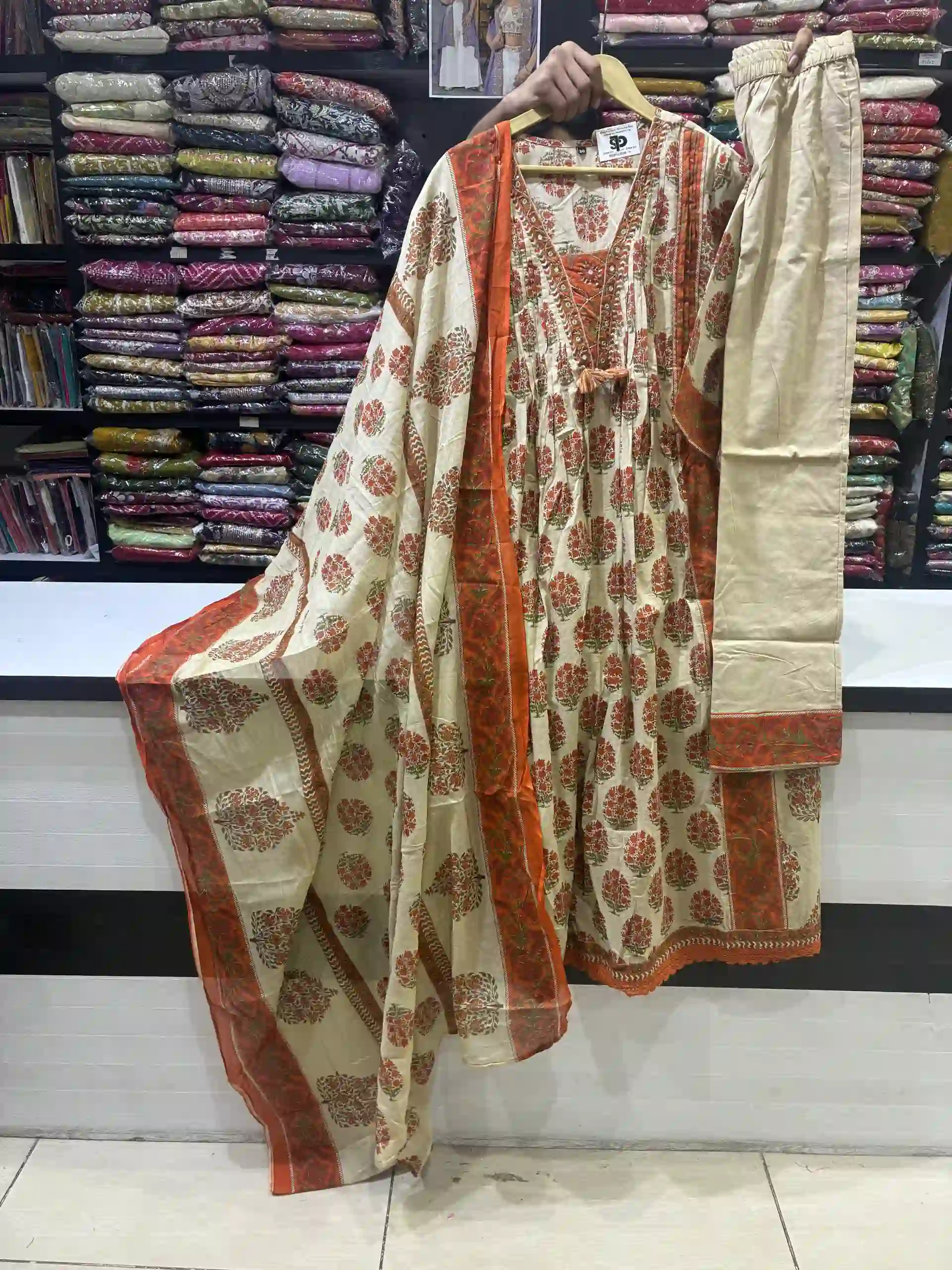 Floral Bloom Cotton Salwar Suite in Orange & Cream-1