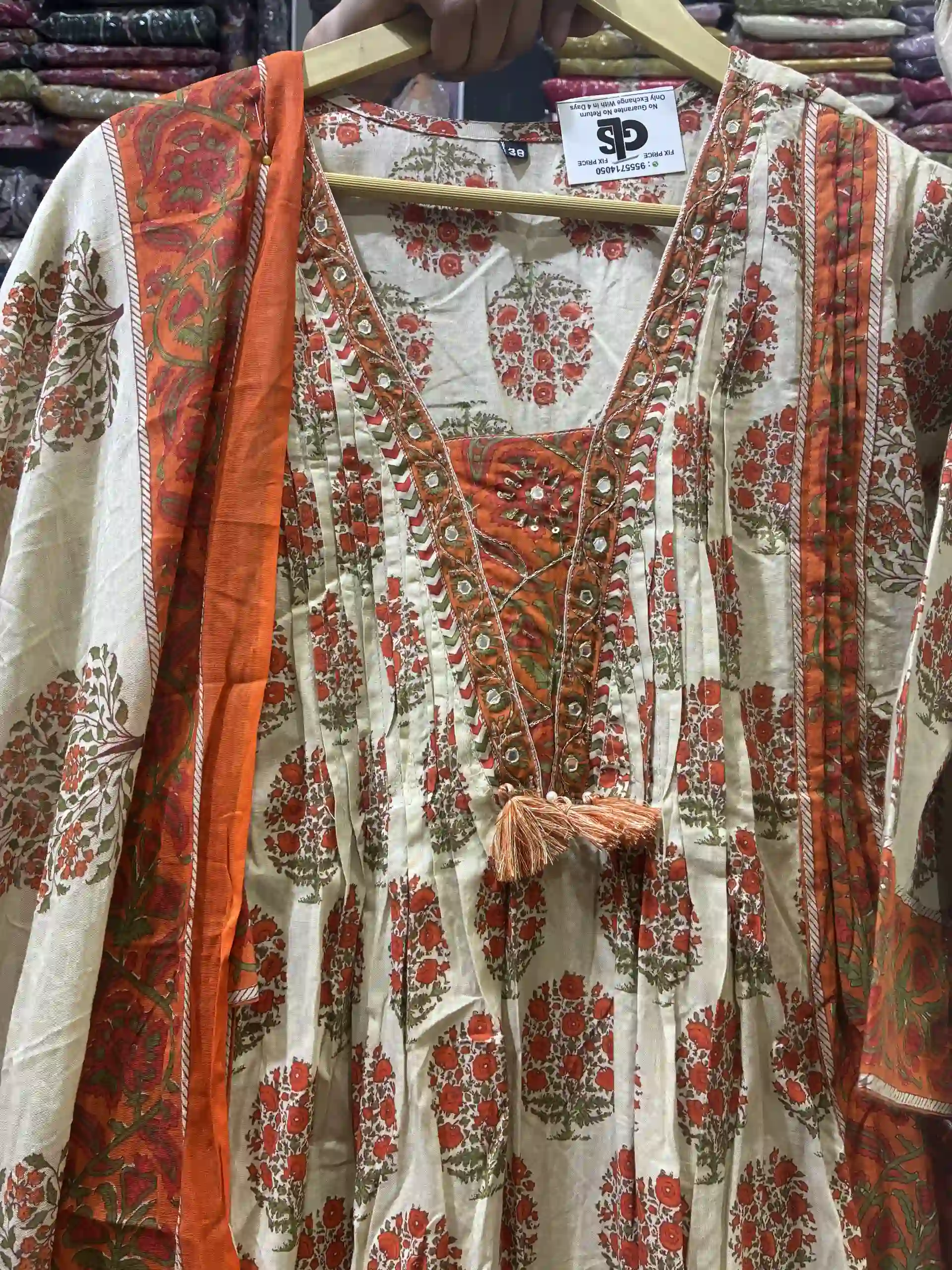 Floral Bloom Cotton Salwar Suite in Orange & Cream