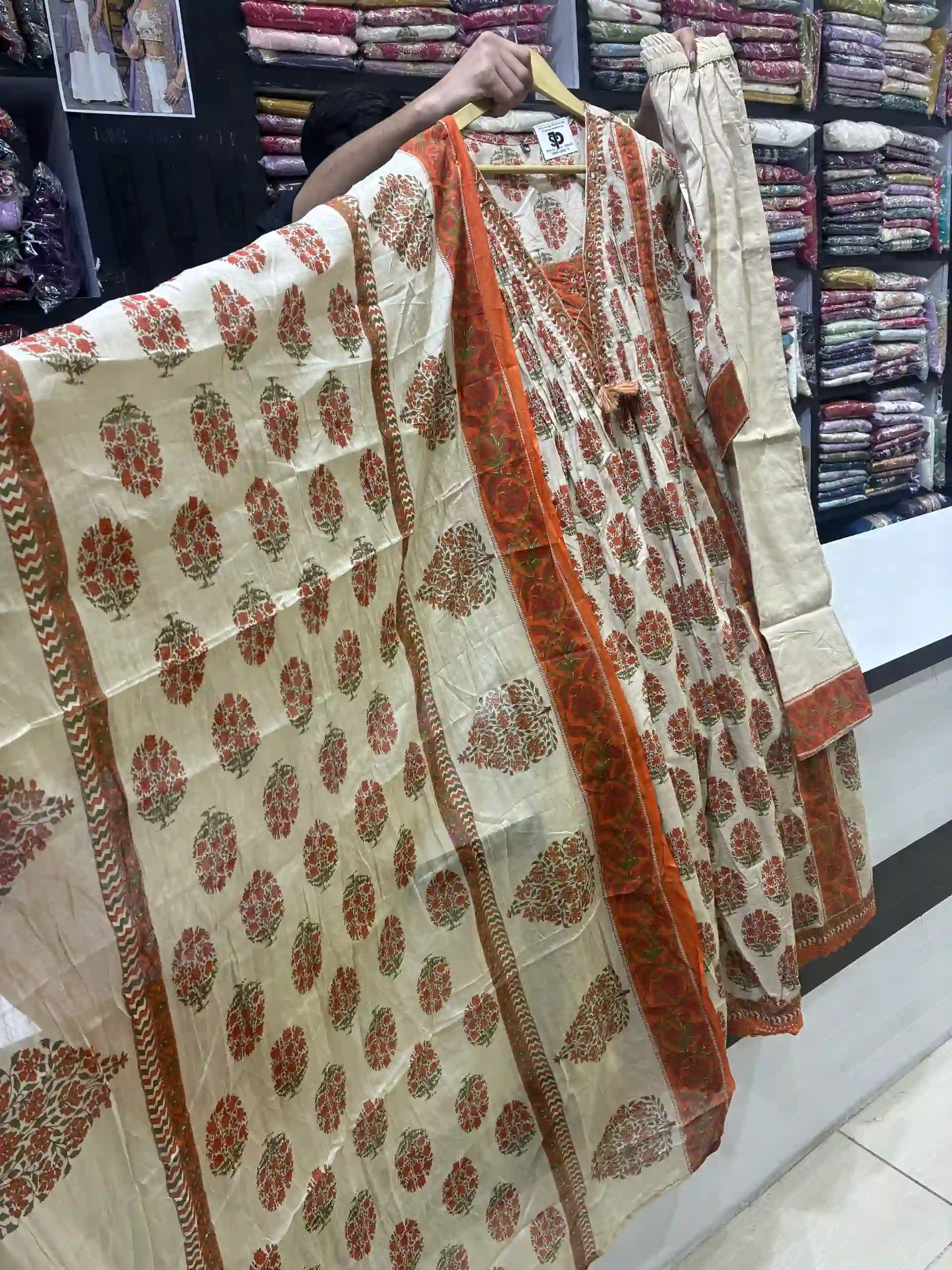 Floral Bloom Cotton Salwar Suite in Orange & Cream