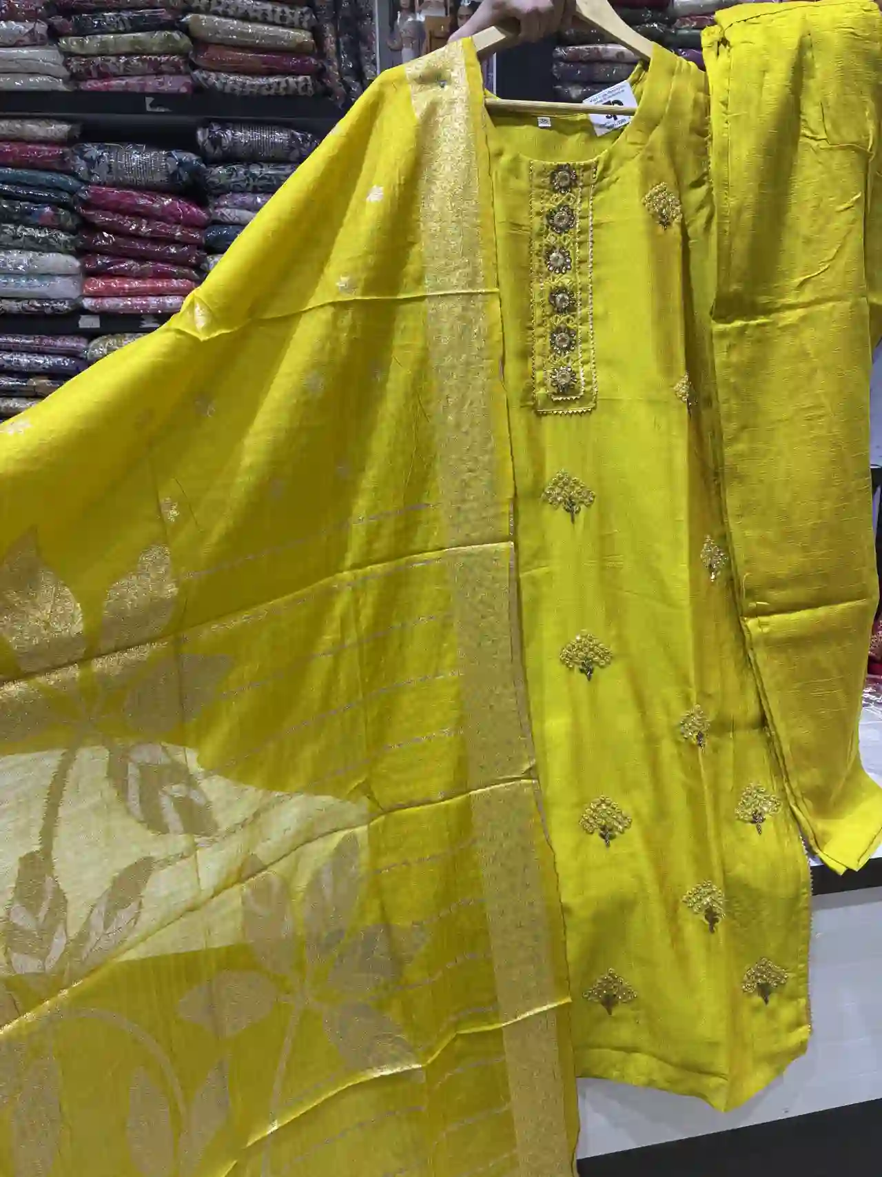 Floral Butti Work Kurta Set in Citron Yellow