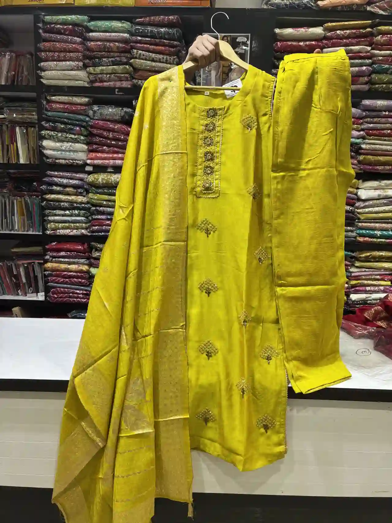 Floral Butti Work Kurta Set in Citron Yellow