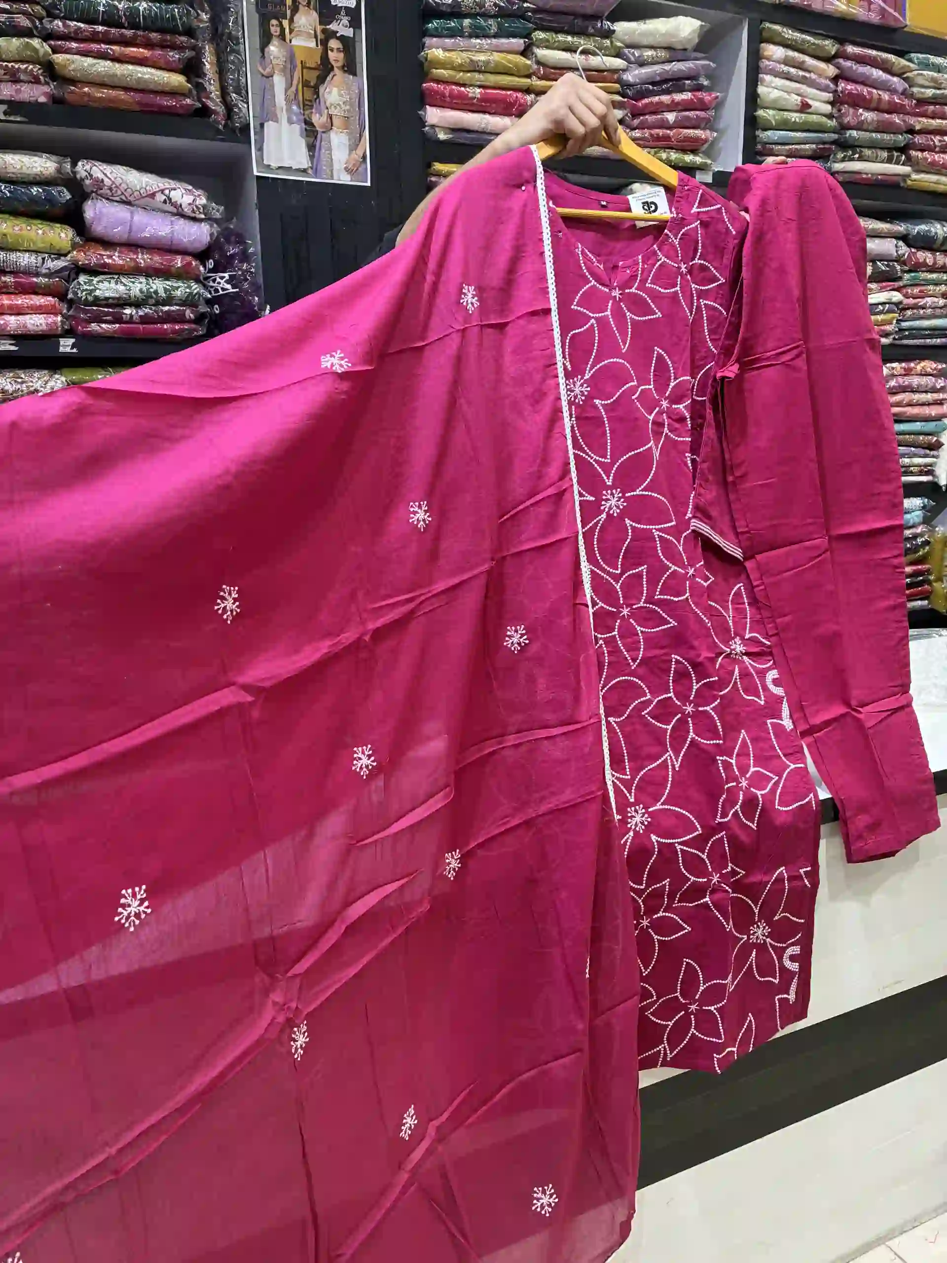 Fuchsia Pink Floral Suit with Vertical Lace Inserts