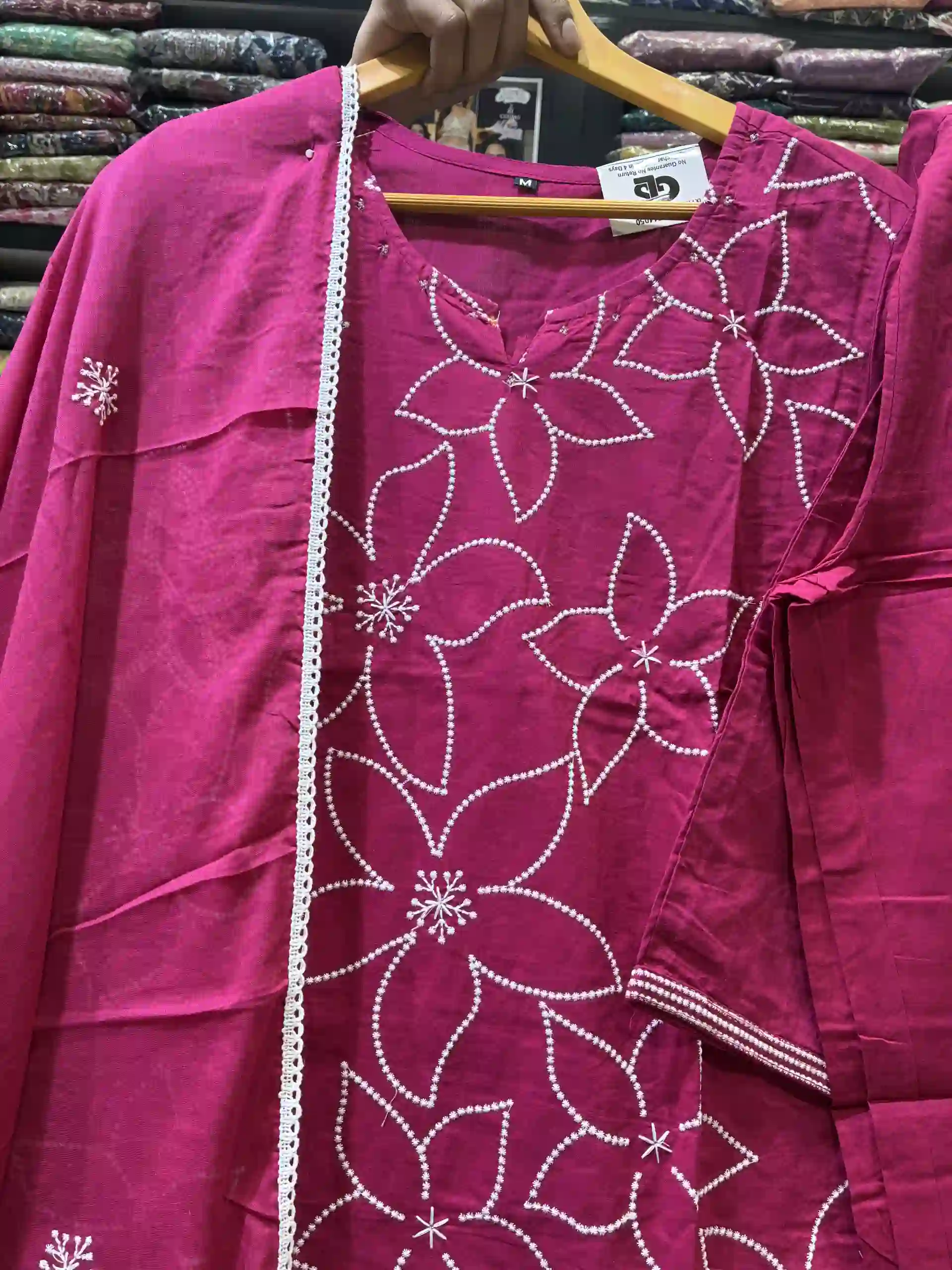 Fuchsia Pink Floral Suit with Vertical Lace Inserts