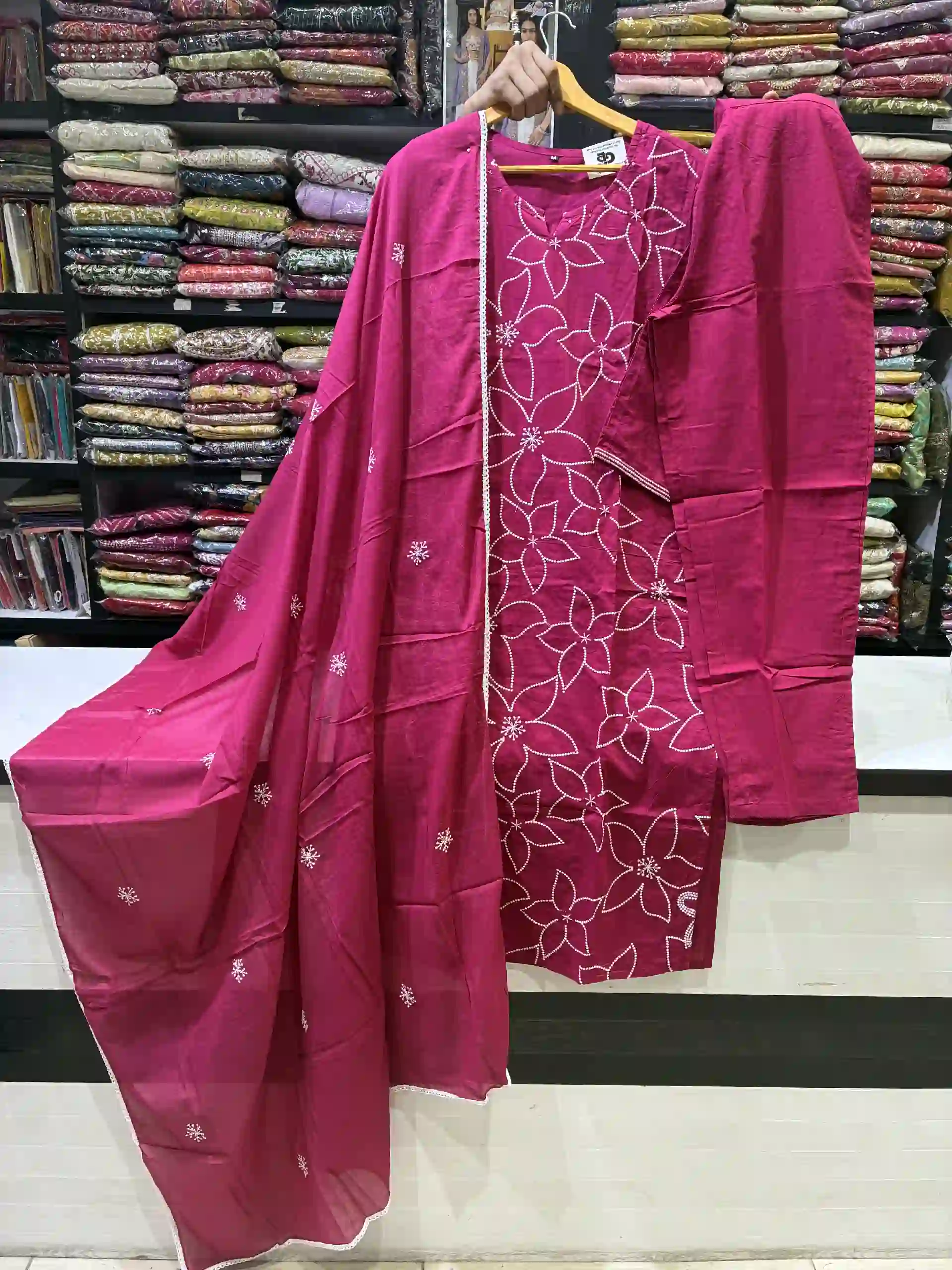 Fuchsia Pink Floral Suit with Vertical Lace Inserts