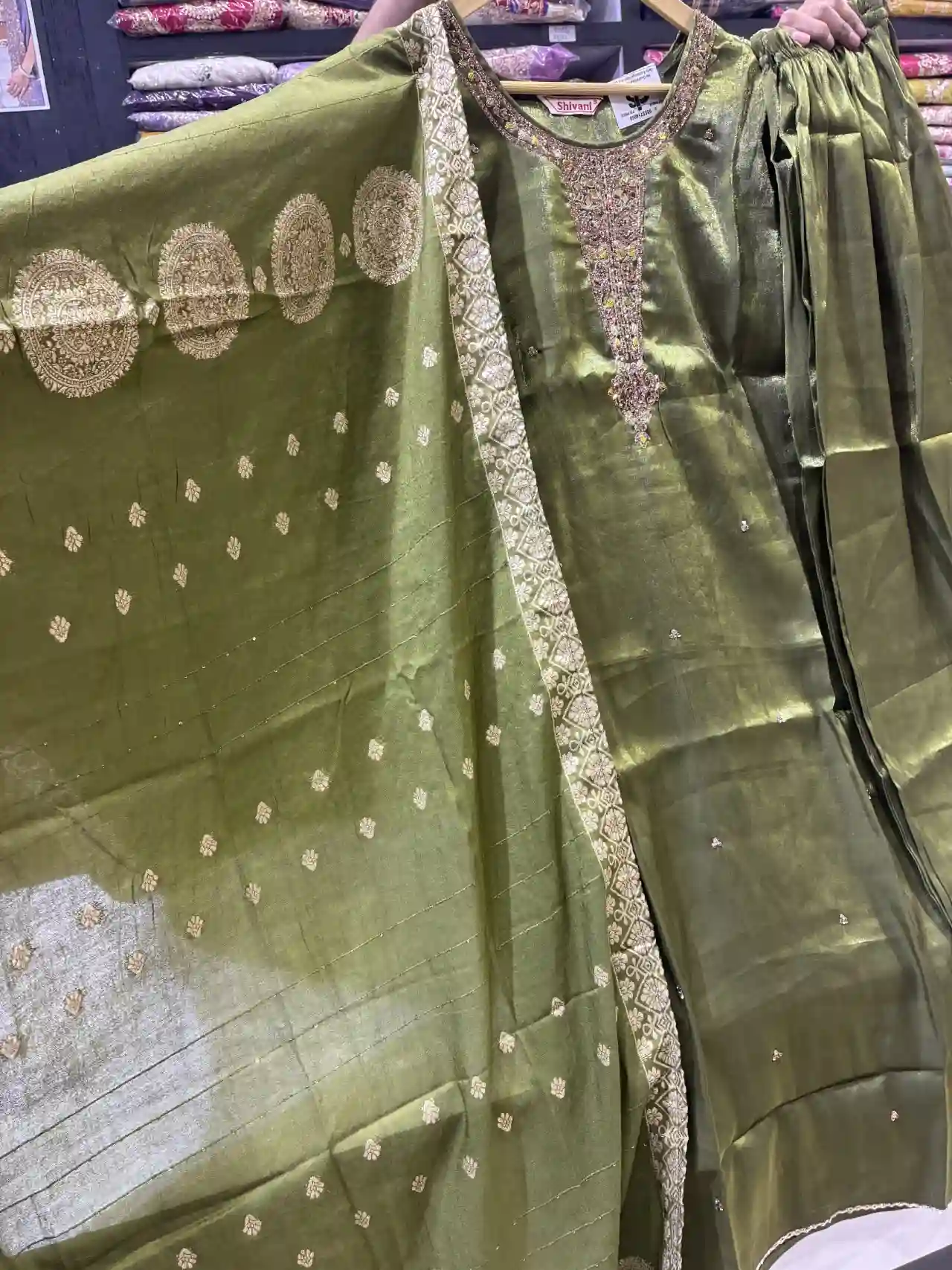 Glossy Green Festive Suit - Embroidered Kurta & Woven Dupatta