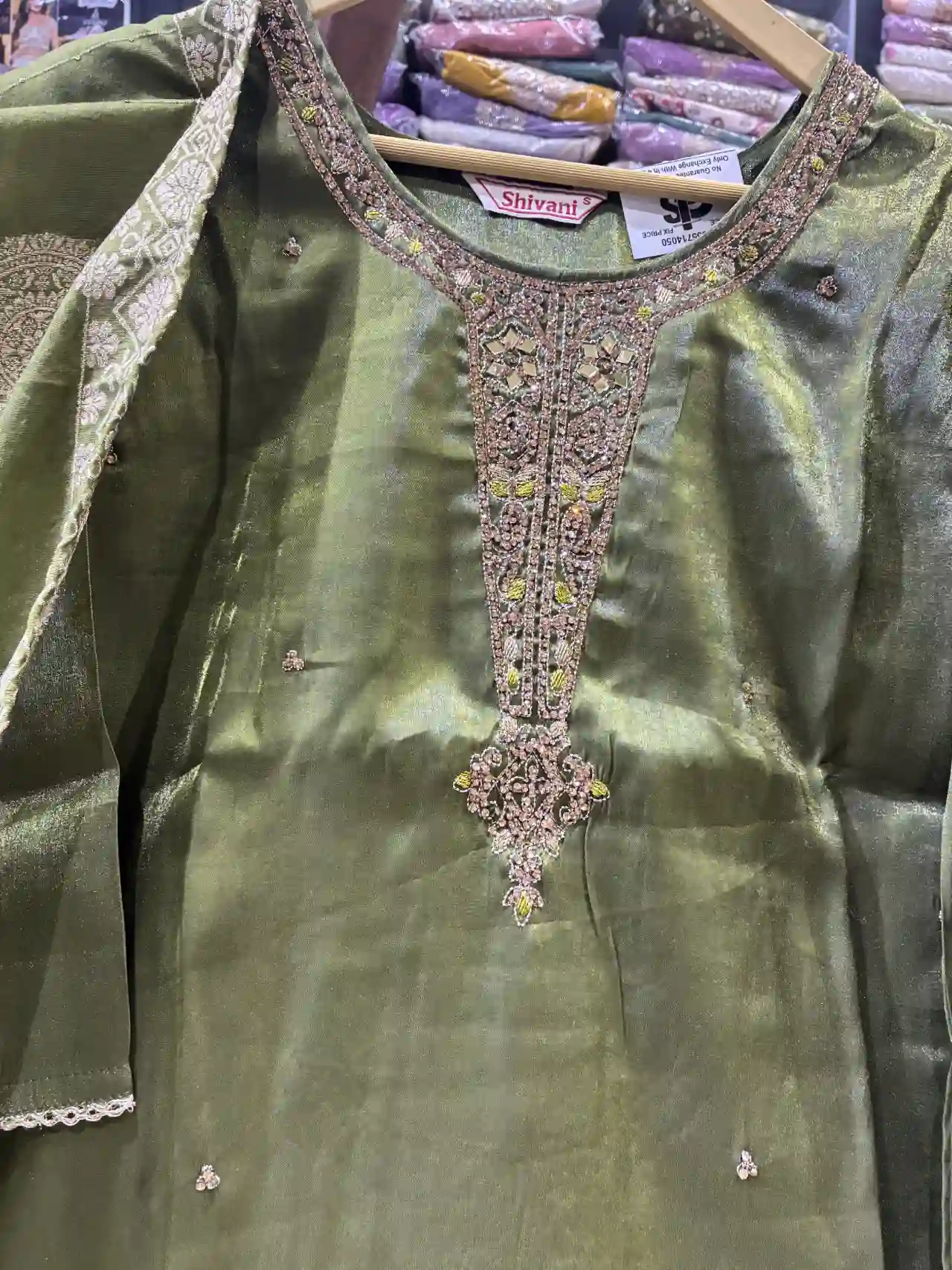 Glossy Green Festive Suit - Embroidered Kurta & Woven Dupatta