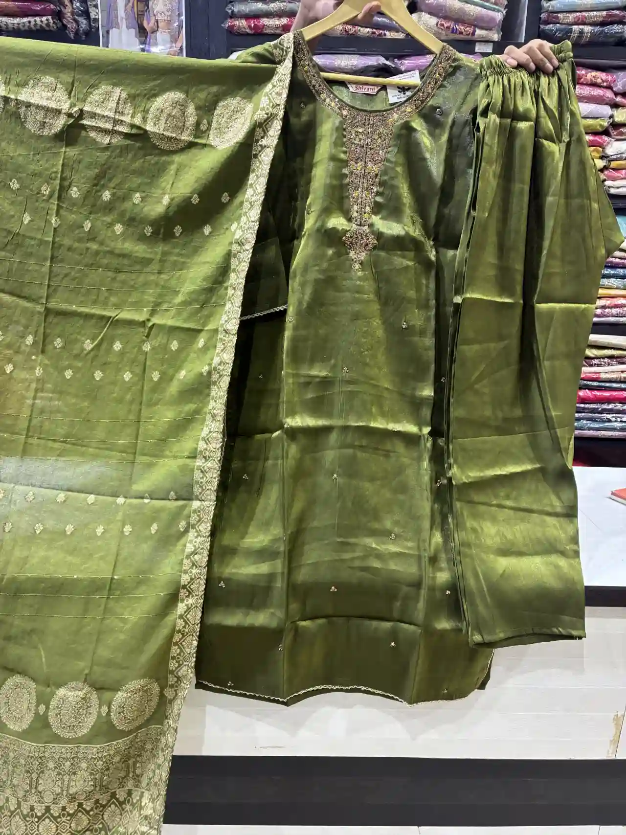 Glossy Green Festive Suit - Embroidered Kurta & Woven Dupatta