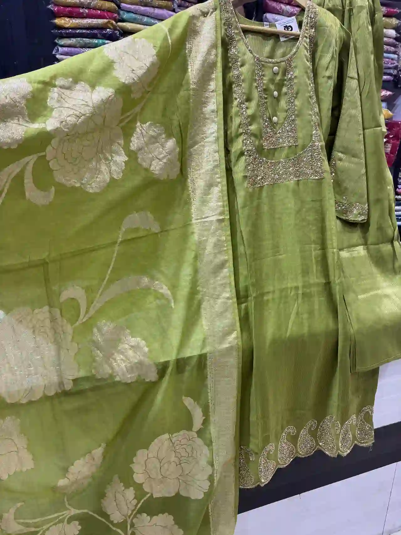 Green 3-Piece Suit with Floral Dupatta