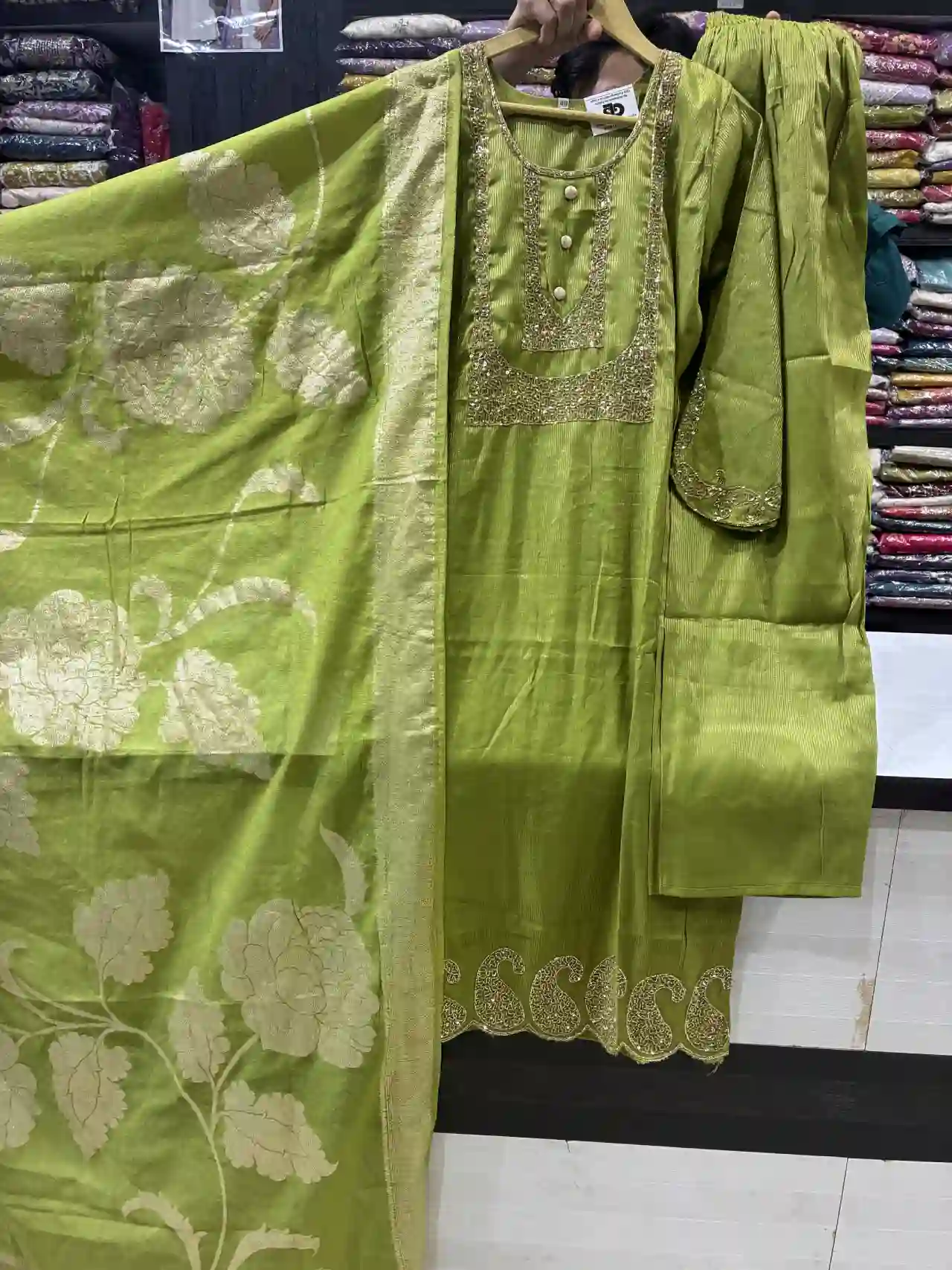 Green 3-Piece Suit with Floral Dupatta