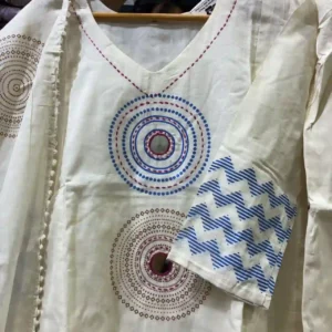 Handcrafted Cotton Suit Set in Cream with Blue & Red Aari Embroidery