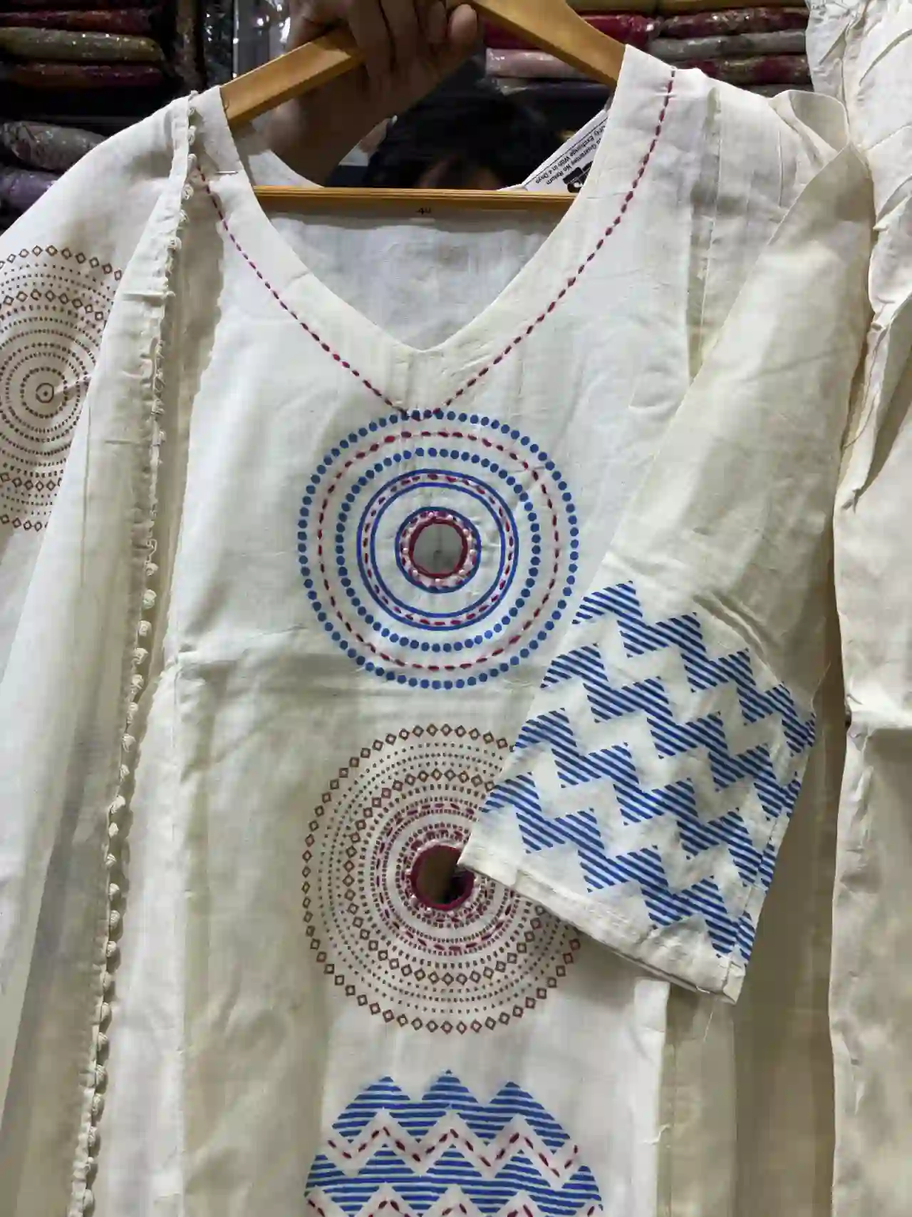 Handcrafted Cotton Suit Set in Cream with Blue & Red Aari Embroidery