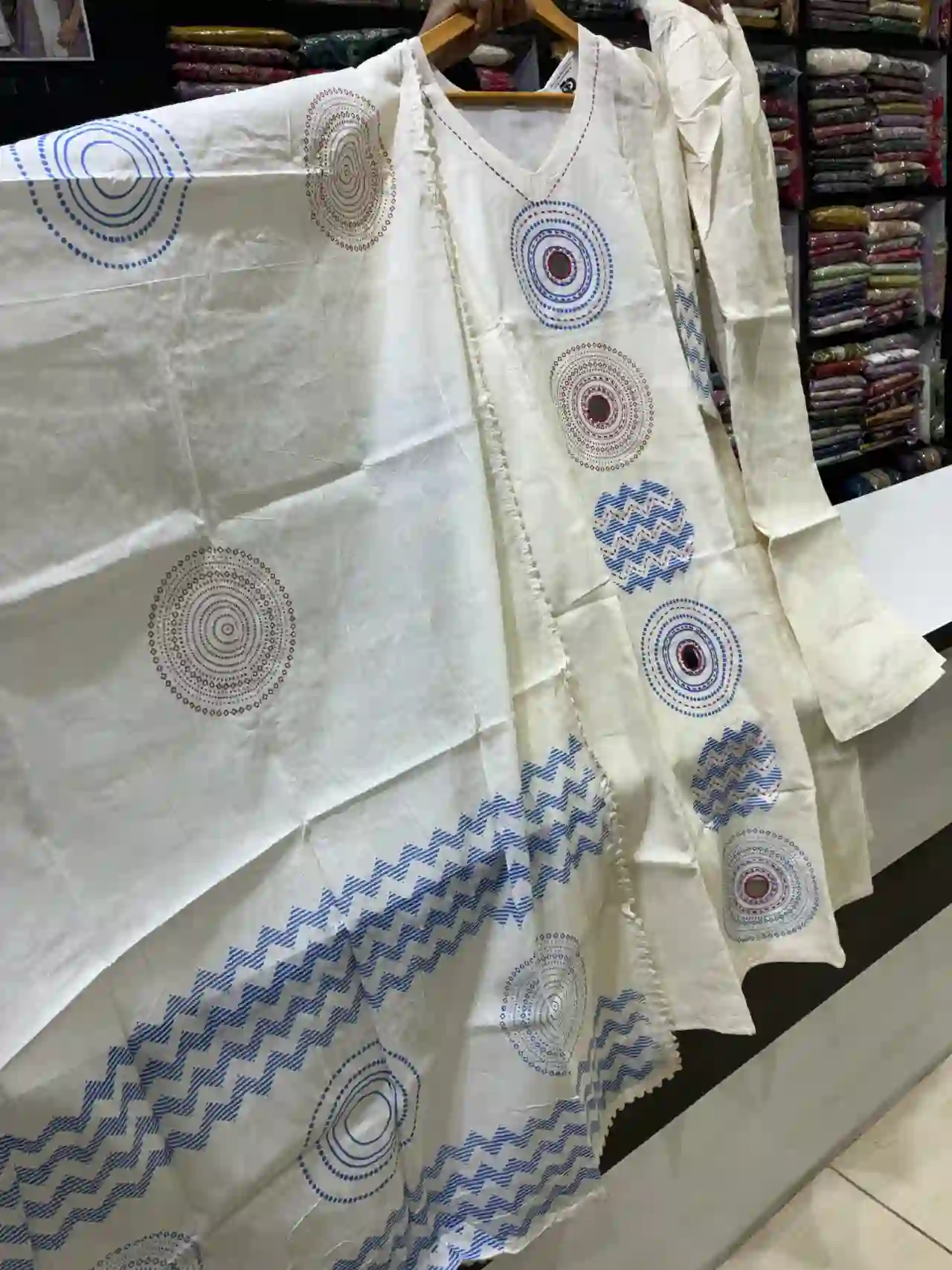 Handcrafted Cotton Suit Set in Cream with Blue & Red Aari Embroidery