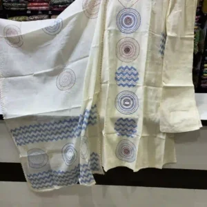 Handcrafted Cotton Suit Set in Cream with Blue & Red Aari Embroidery