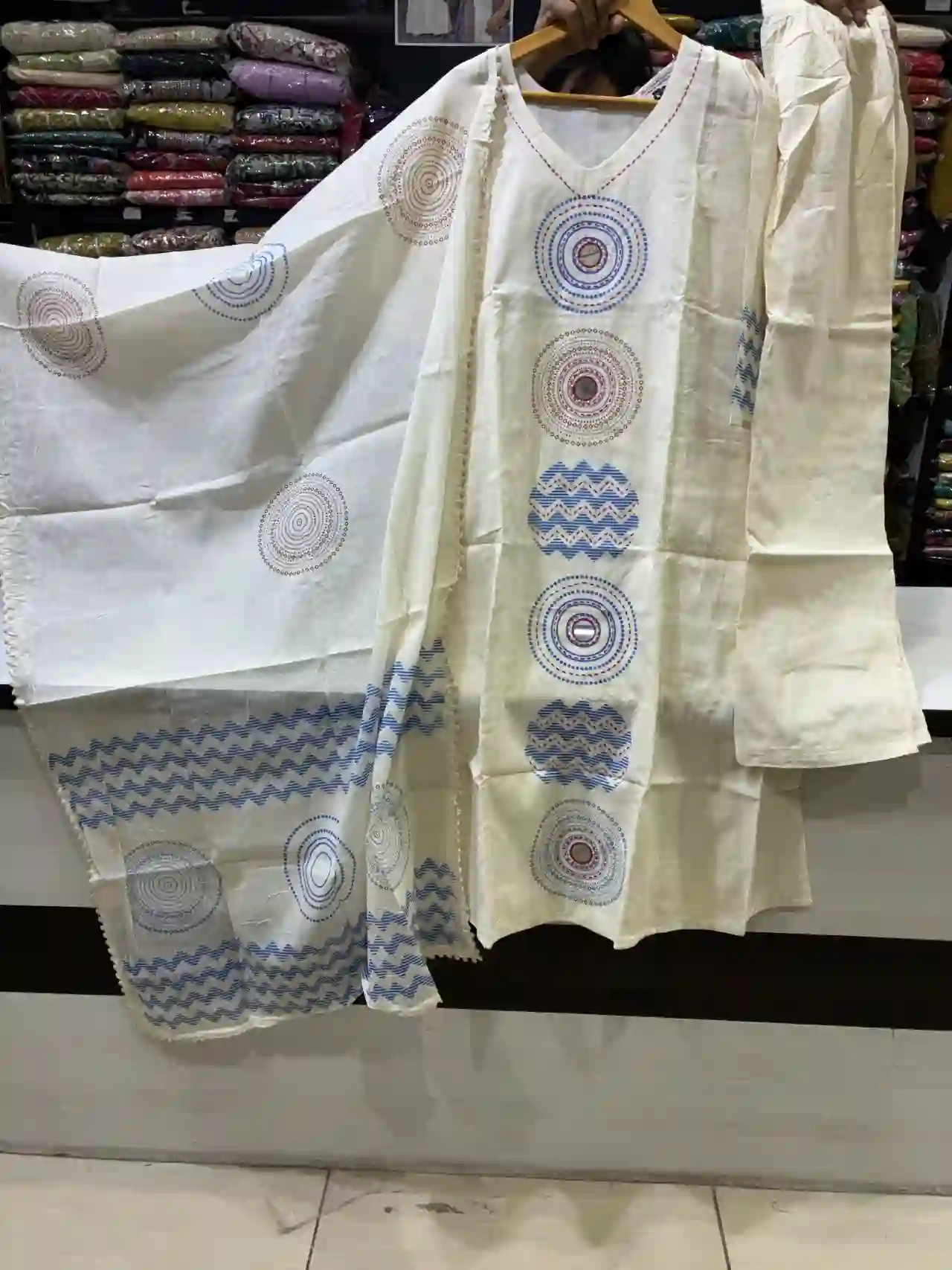 Handcrafted Cotton Suit Set in Cream with Blue & Red Aari Embroidery