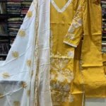 Mustard Yellow Cotton Kurta Set with Scalloped Lace