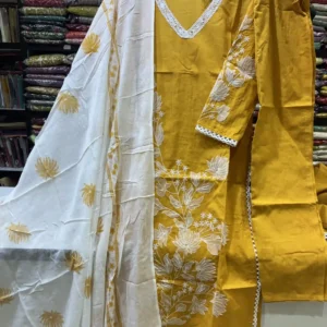 Mustard Yellow Cotton Kurta Set with Scalloped Lace